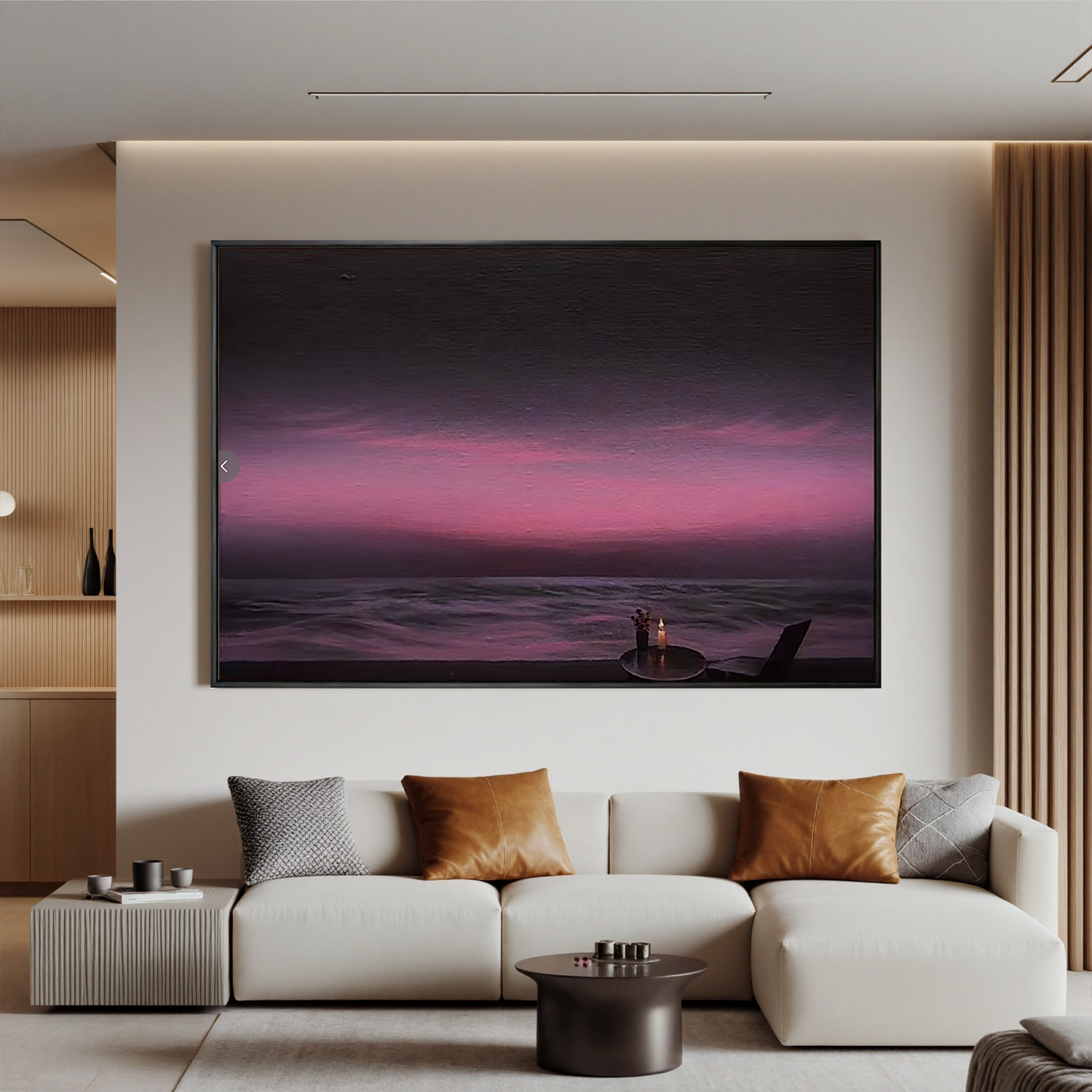Romantic Purple Sunset Seascape Wall Art, Candlelit Ocean View Canvas Painting for Living Room Decor #OA 0732