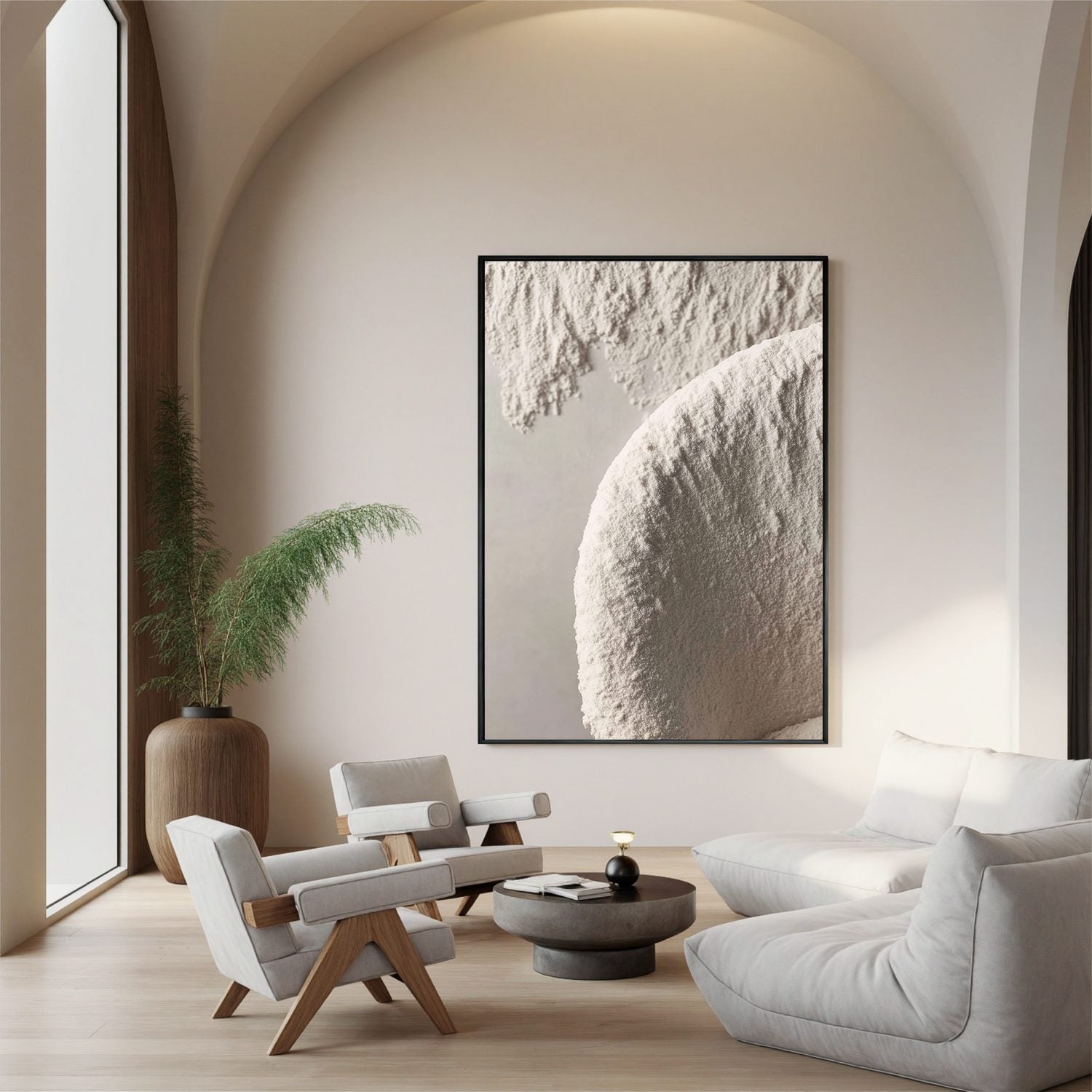 Minimal White Textured Abstract Wall Art, Neutral Arc Canvas Painting for Modern Living Room Décor #OA0001