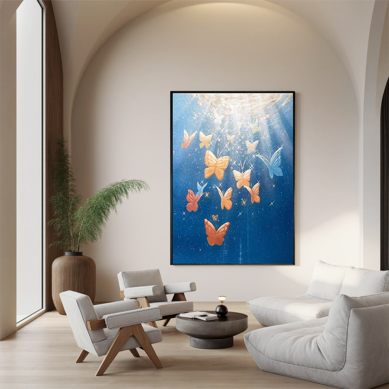 Dreamy Butterfly Wall Art, Celestial Blue Sky Canvas Painting with Light Rays, Whimsical Nature Decor for Living Room or Bedroom #OA 0787