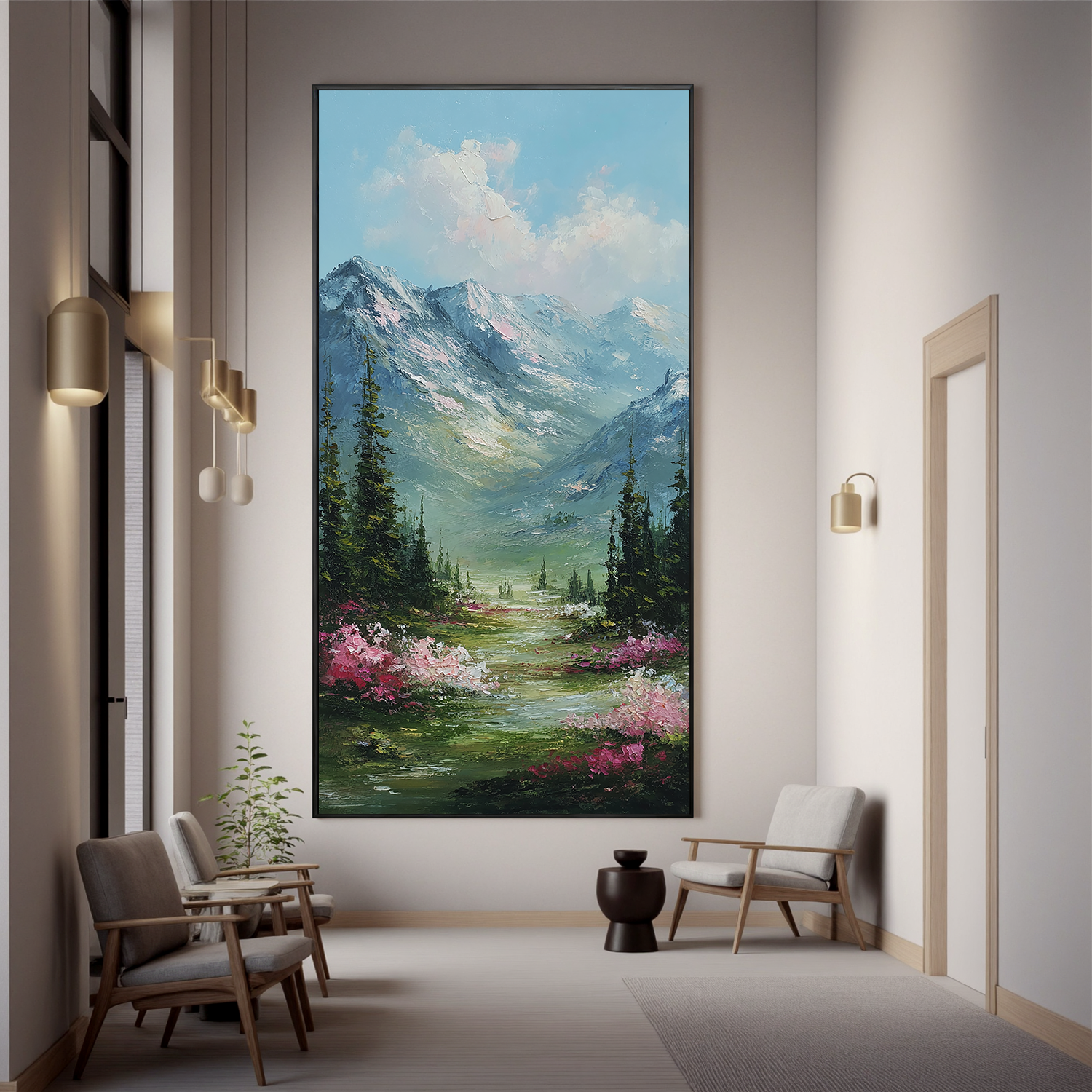 Vertical Mountain Landscape Oil Painting – Scenic Forest Valley Canvas Wall Art#OA 0890