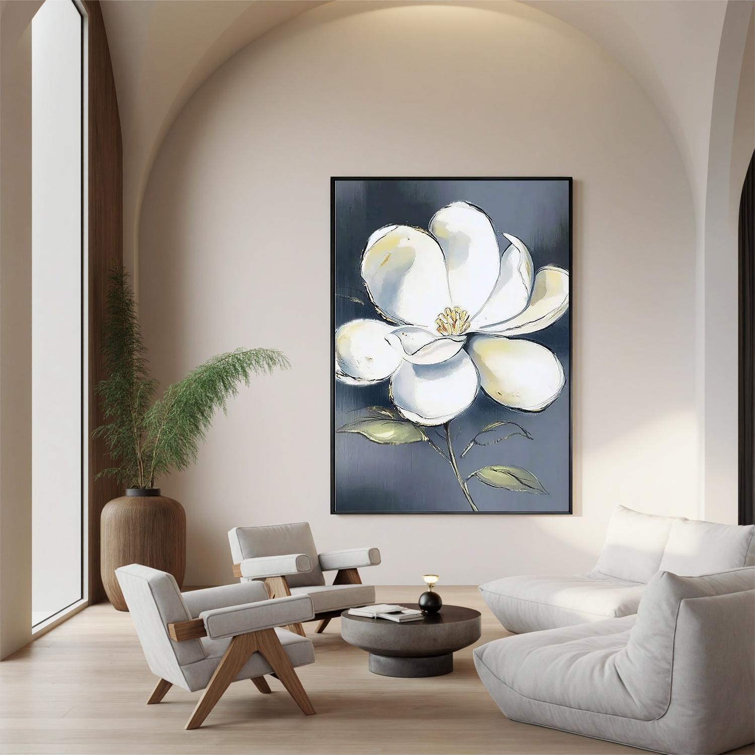 White Flower Oil Painting, Minimalist Floral Wall Art on Blue Gray Background for Living Room Decor#OA 0518