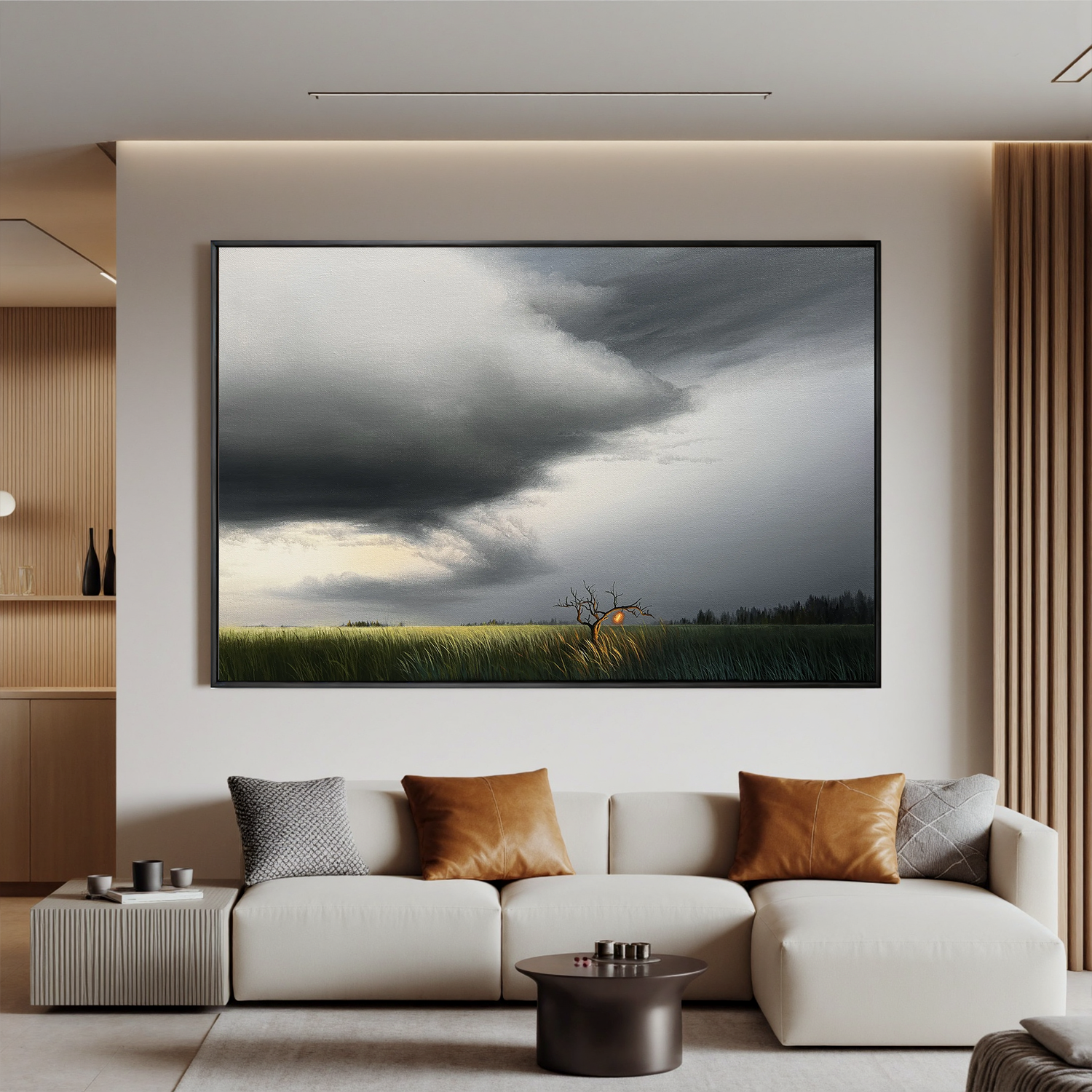 Dramatic Stormy Sky Landscape Wall Art with Glowing Tree, Moody Panoramic Field Canvas for Living Room Decor #OA 0736