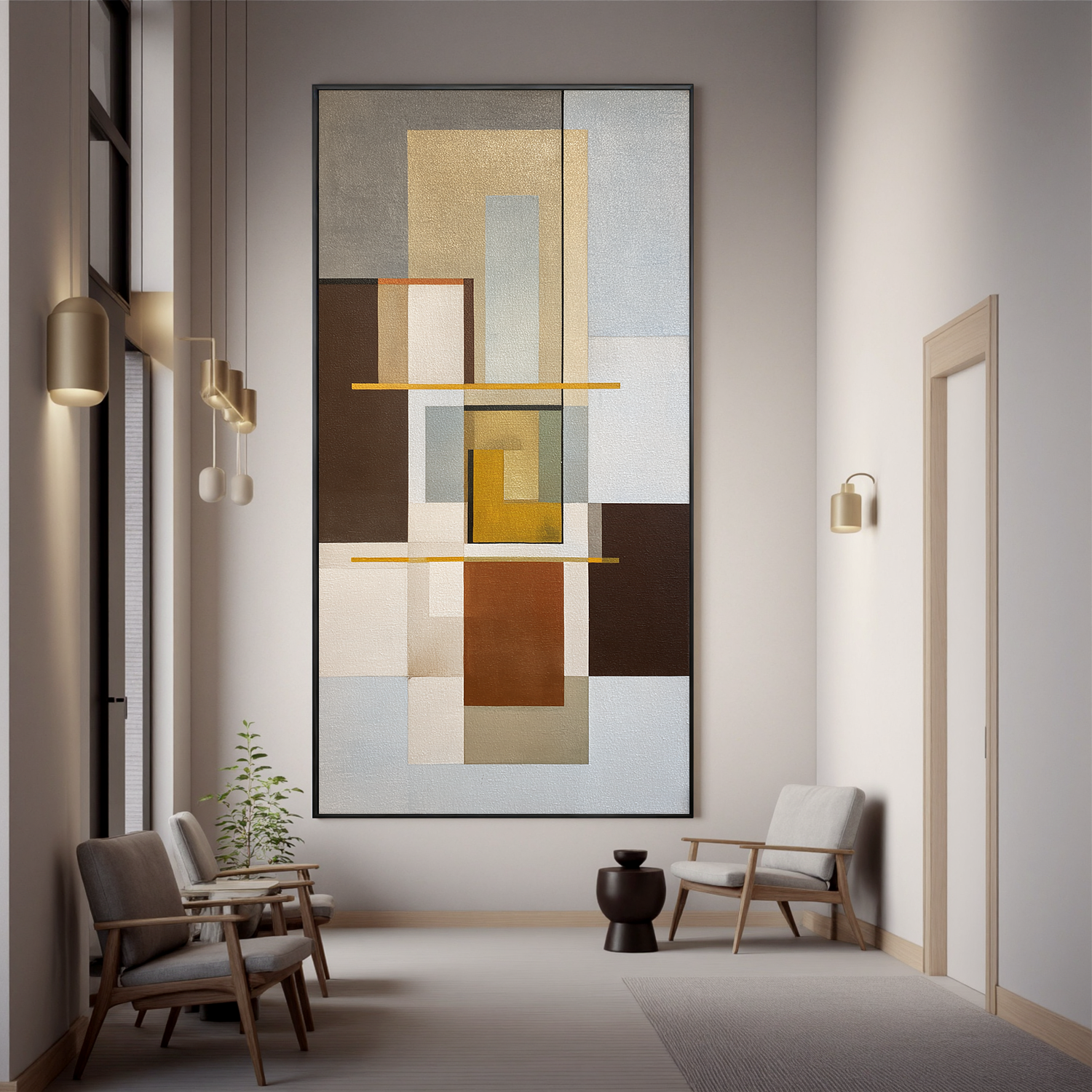 Mid Century Modern Geometric Abstract Canvas Wall Art – Neutral Beige and Brown Vertical Painting for Living Room Decor#OA 0862