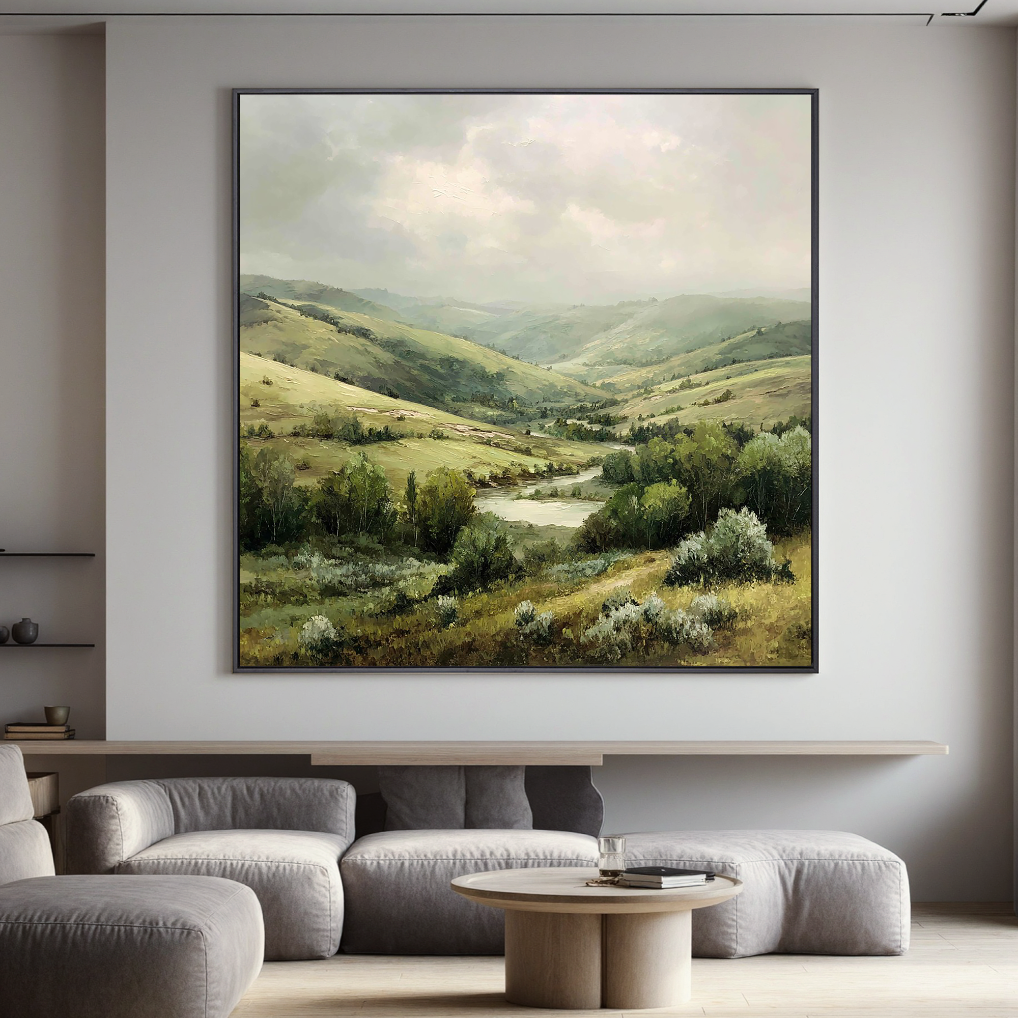 Serene Valley Landscape Canvas Wall Art – Rolling Hills River Nature Painting for Living Room Decor#OA 0868