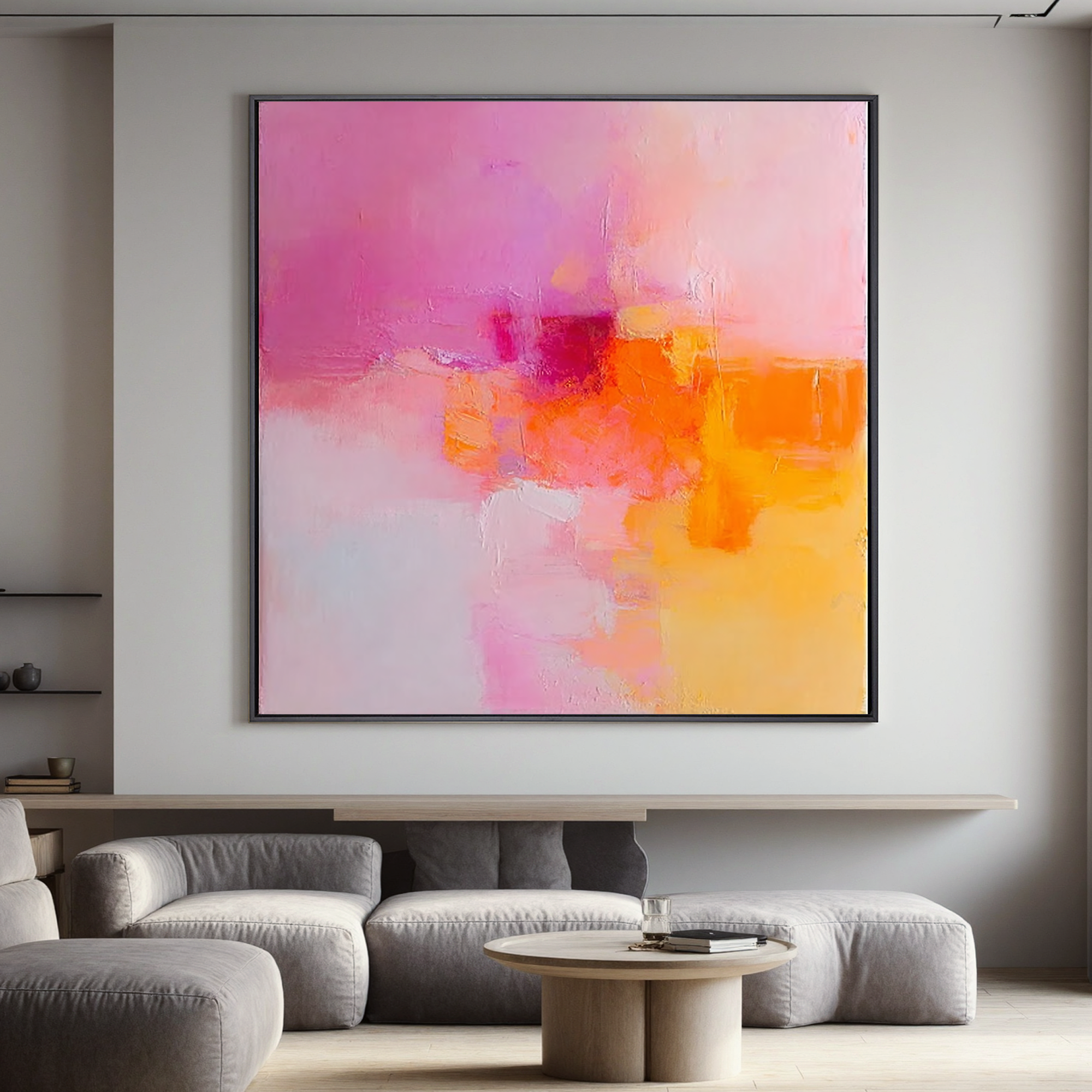 Abstract Pink Orange Oil Painting Canvas – Soft Minimalist Wall Art for Living Room Modern Home Decor#OA 0490
