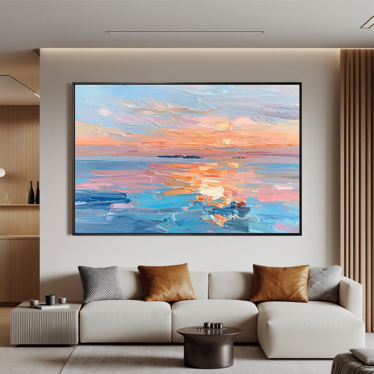 Abstract Sunset Seascape Oil Painting Canvas – Modern Ocean Wall Art for Living Room Coastal Home Decor #OA 0464