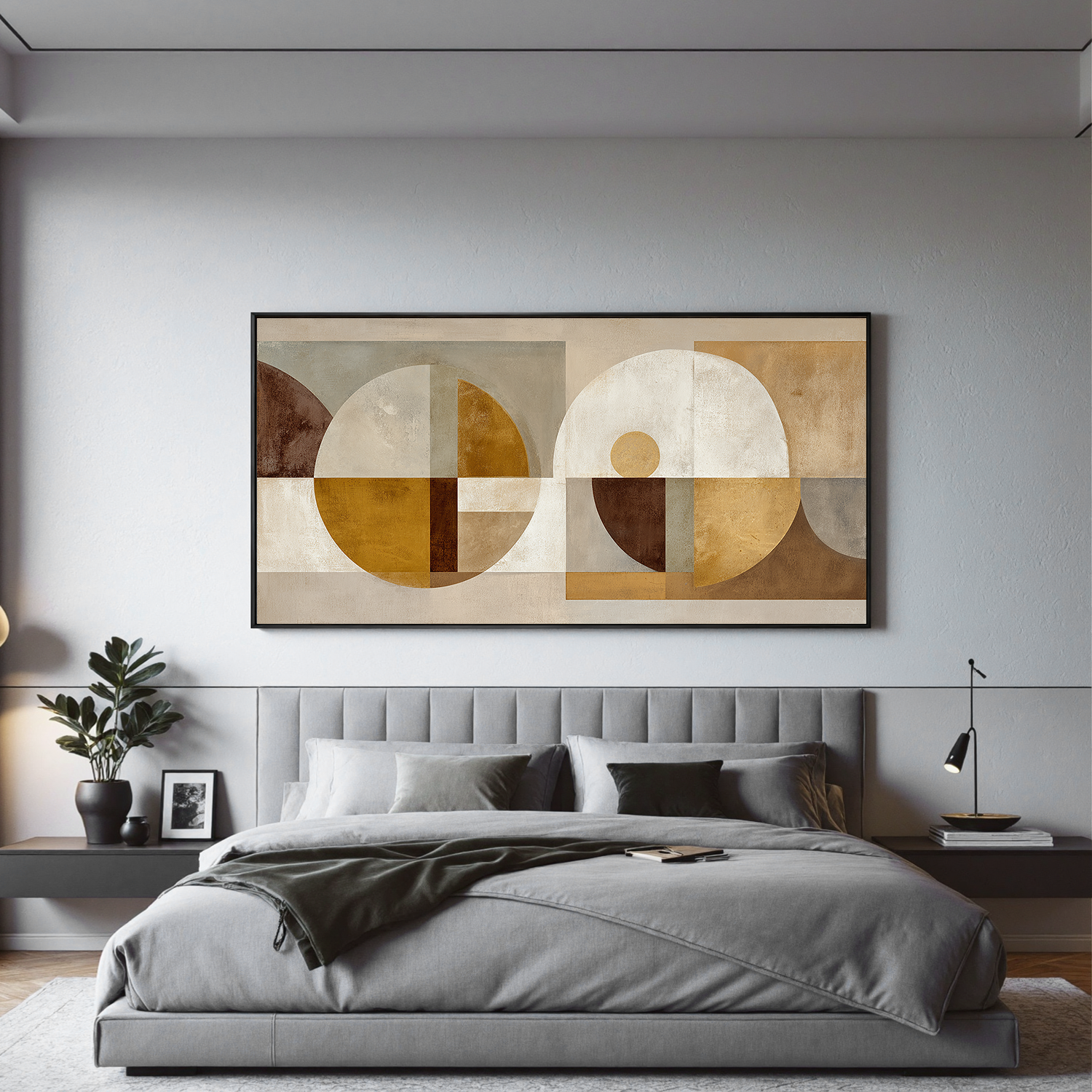 Modern Geometric Abstract Canvas Wall Art – Neutral Beige and Gold Mid Century Large Horizontal Painting for Living Room Decor#OA 0861