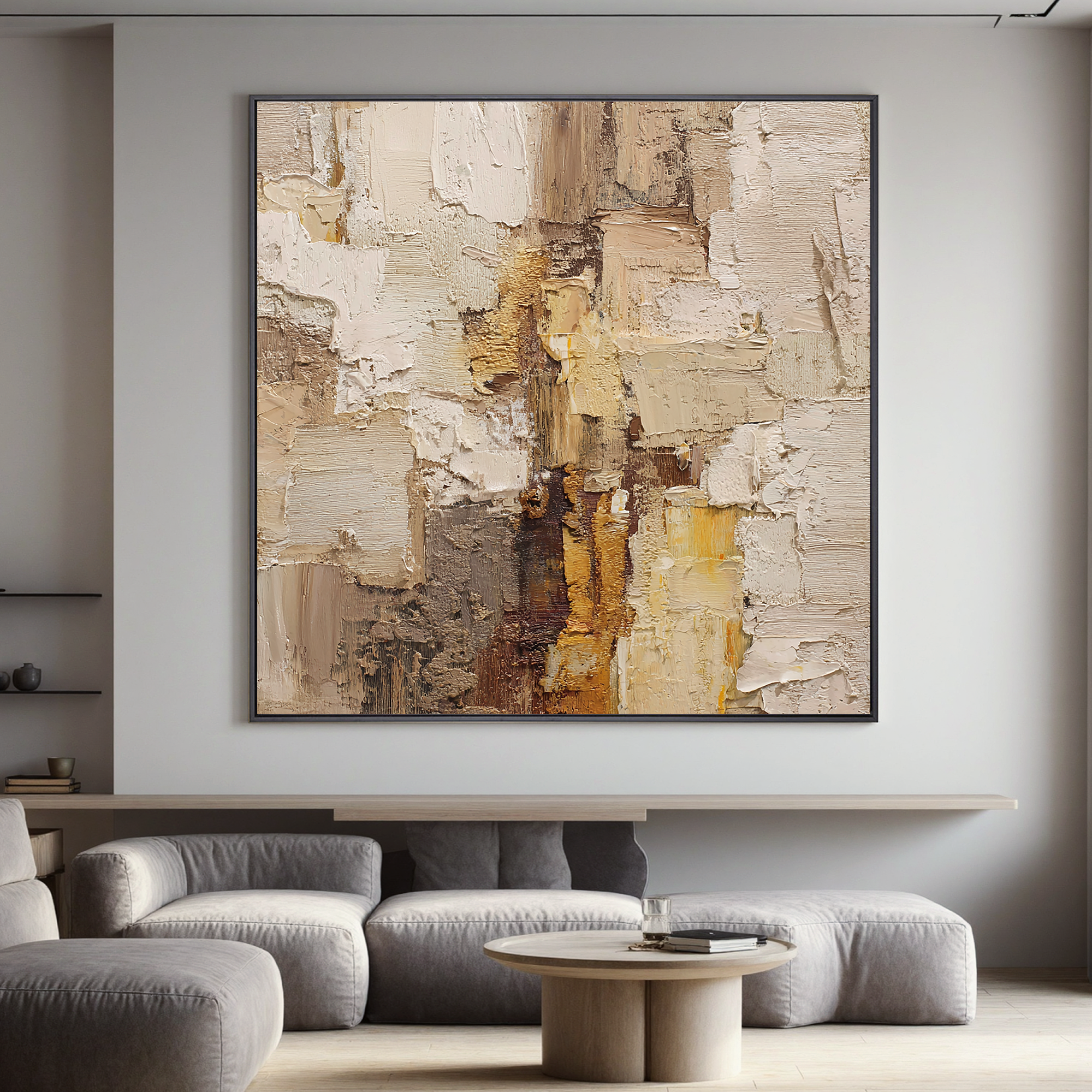 Warm Neutral Textured Abstract Wall Art – Beige and Gold Canvas Painting for Modern Living Room Decor#OA 824