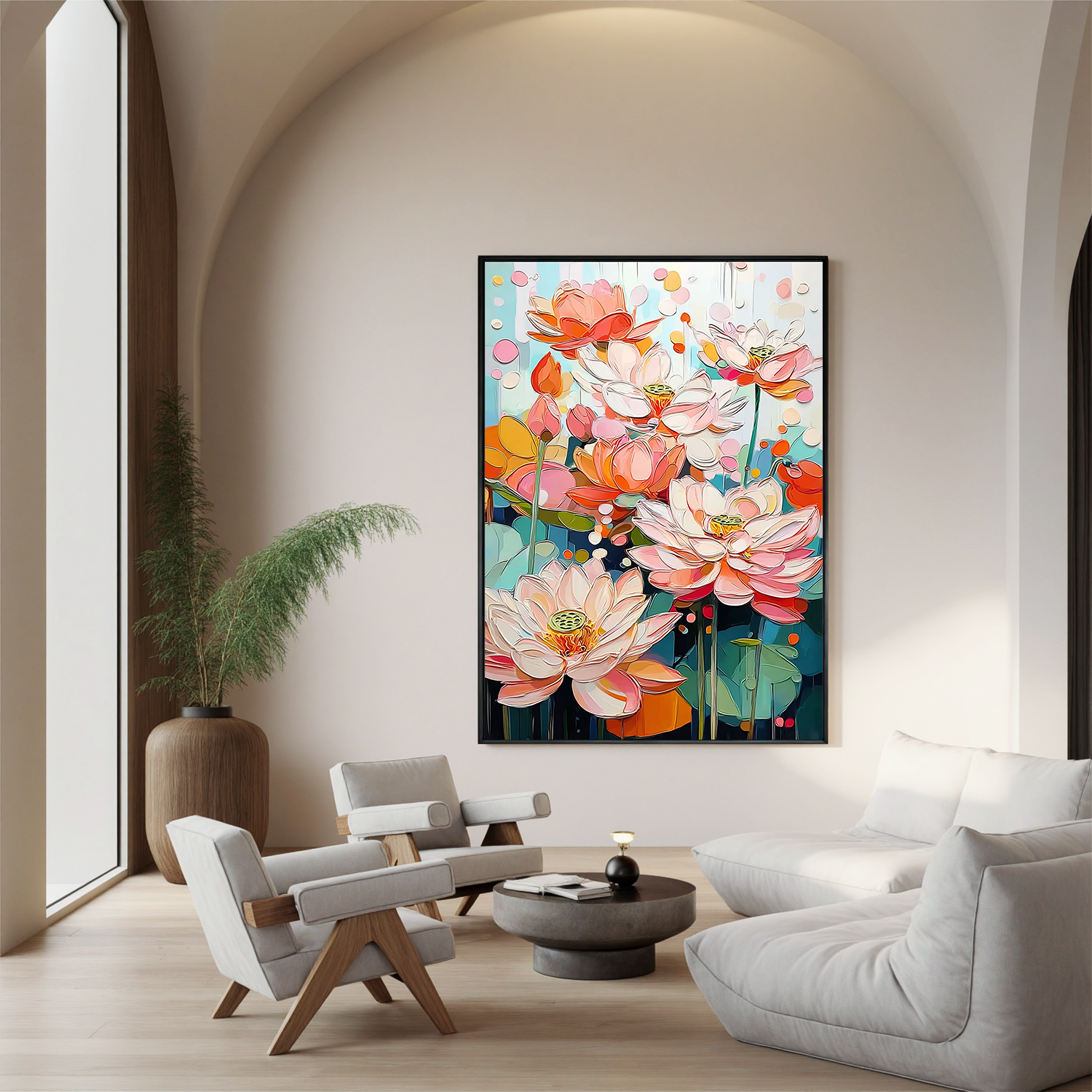 Colorful Lotus Flower Oil Painting, Pink Floral Wall Art for Living Room Decor #OA 0538