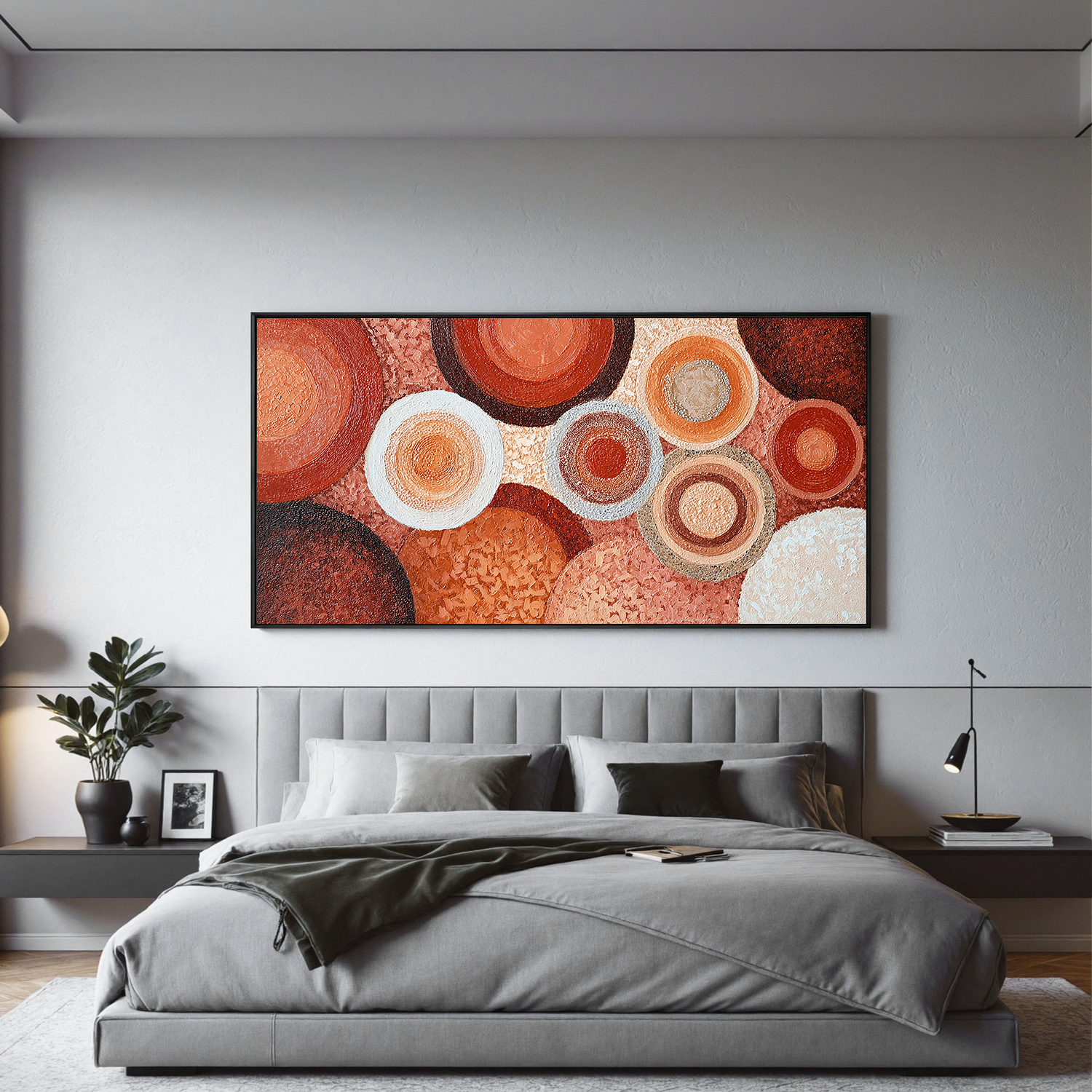 Large Abstract Circle Canvas Wall Art – Terracotta Boho Textured Painting for Modern Living Room Decor#OA 0838