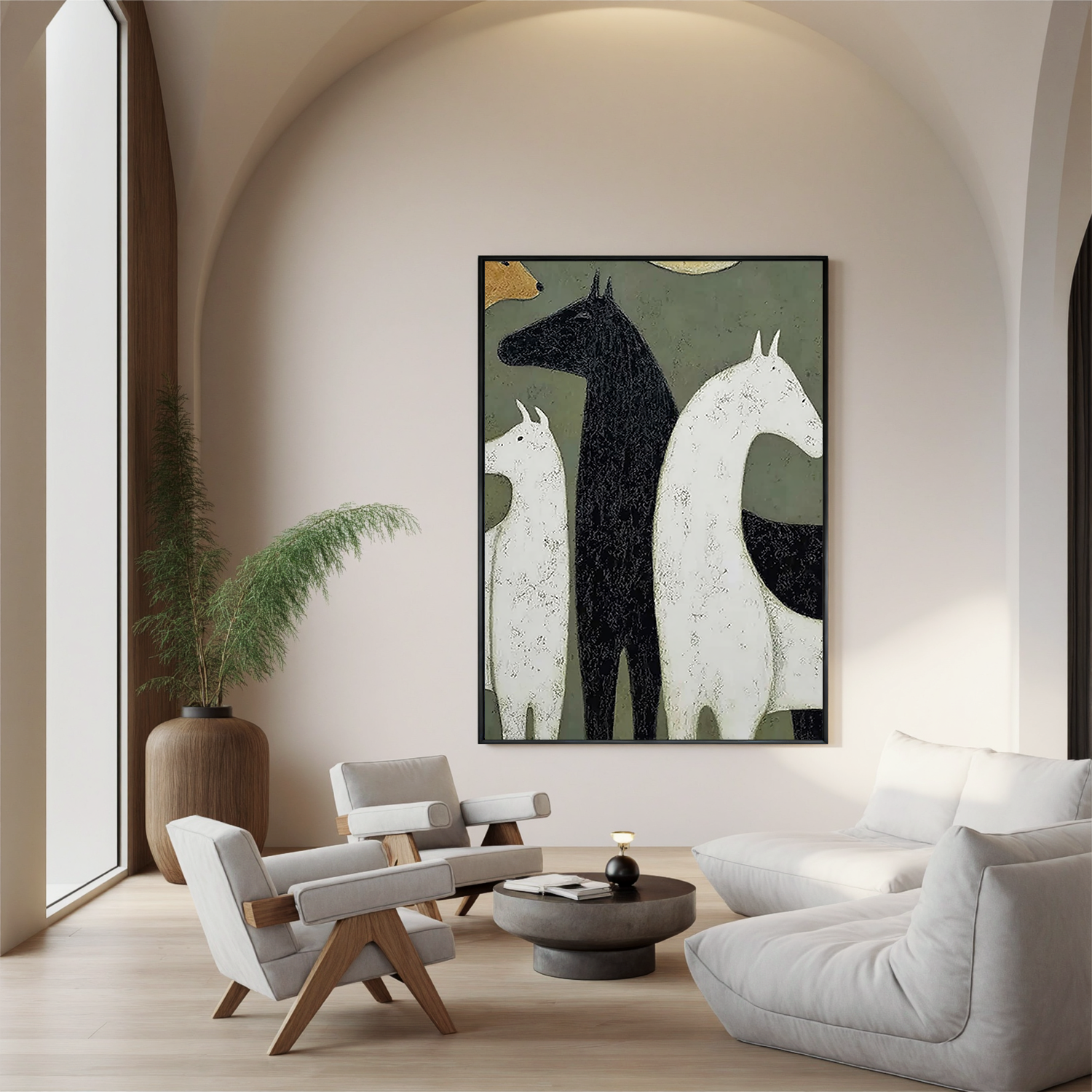 Minimalist Horse Oil Painting, Modern Black and White Equine Wall Art for Living Room Decor#OA 0545