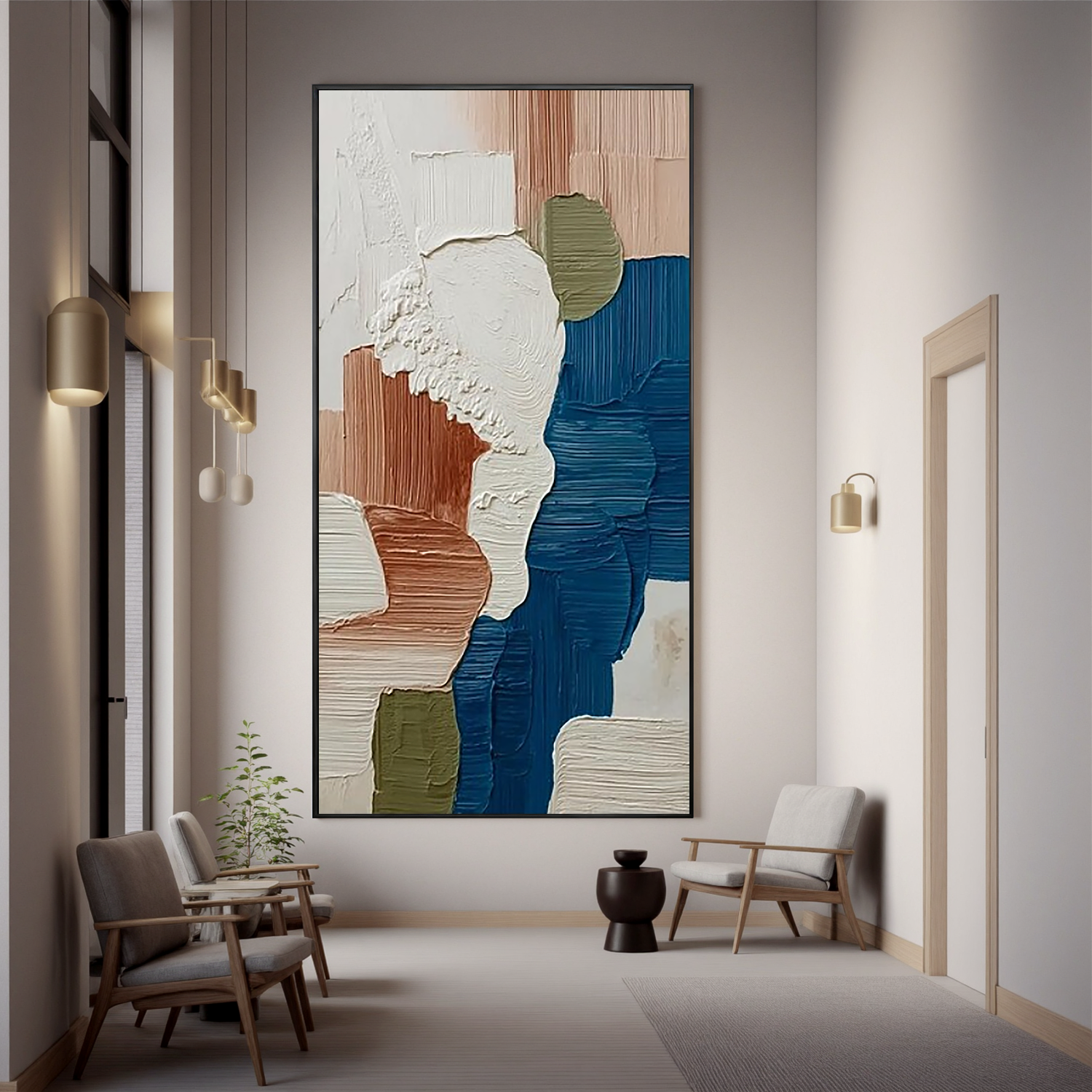 Large Textured Abstract Wall Art – Modern Neutral & Blue Palette Canvas Painting for Contemporary Living Room Decor
