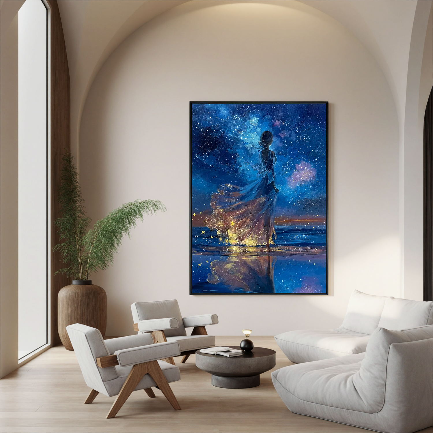 Girl Under Starry Sky Oil Painting, Dreamy Ocean Night Wall Art for Bedroom Decor#OA 0621