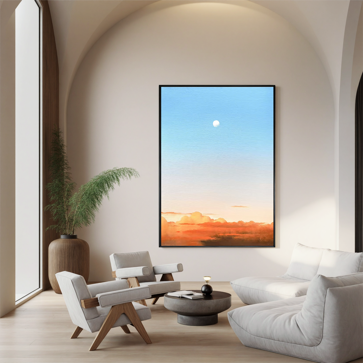 Minimalist Moon and Sunset Sky Wall Art, Serene Gradient Cloud Landscape Canvas Painting for Modern Living Room Decor #OA 0772