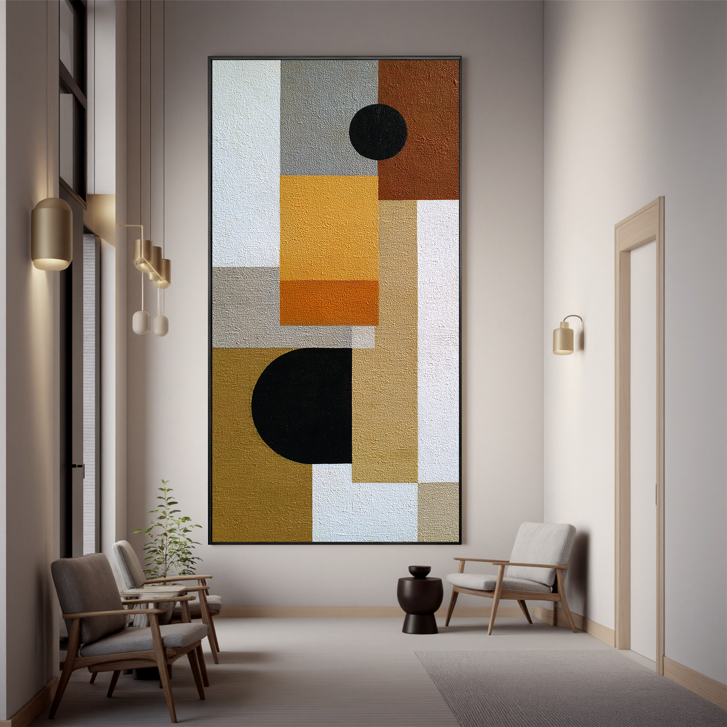 Mid Century Modern Geometric Abstract Canvas Wall Art – Neutral Beige and Mustard Yellow Vertical Painting for Living Room Decor#OA 0864