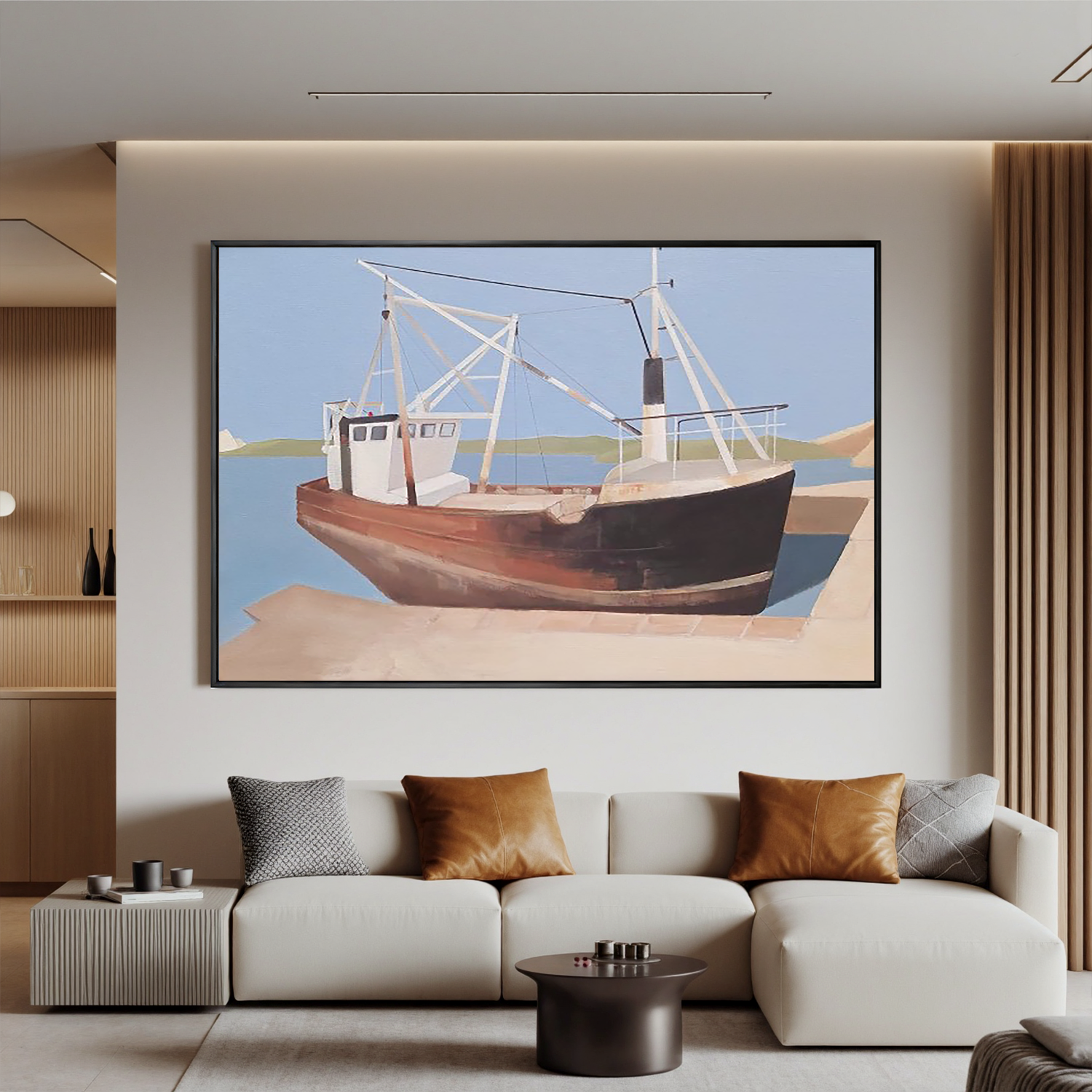 Harbor Fishing Boat-Coastal Fishing Boat Landscape Wall Art