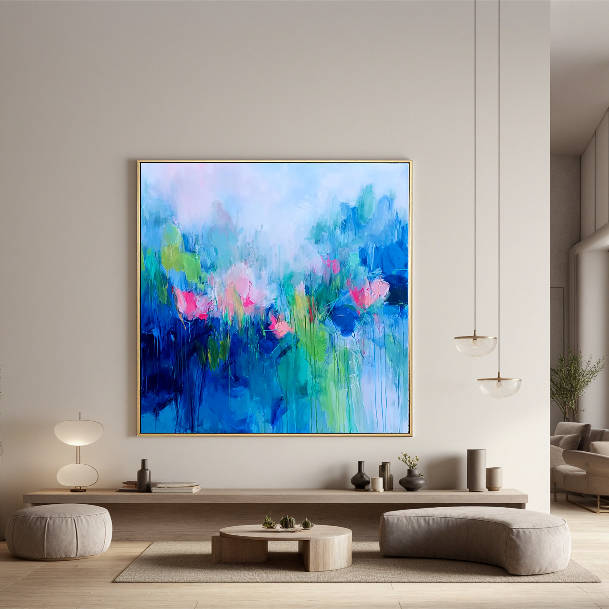 Abstract Blue Floral Oil Painting Canvas – Modern Pink Flower Wall Art for Living Room Contemporary Home Decor#OA 0502