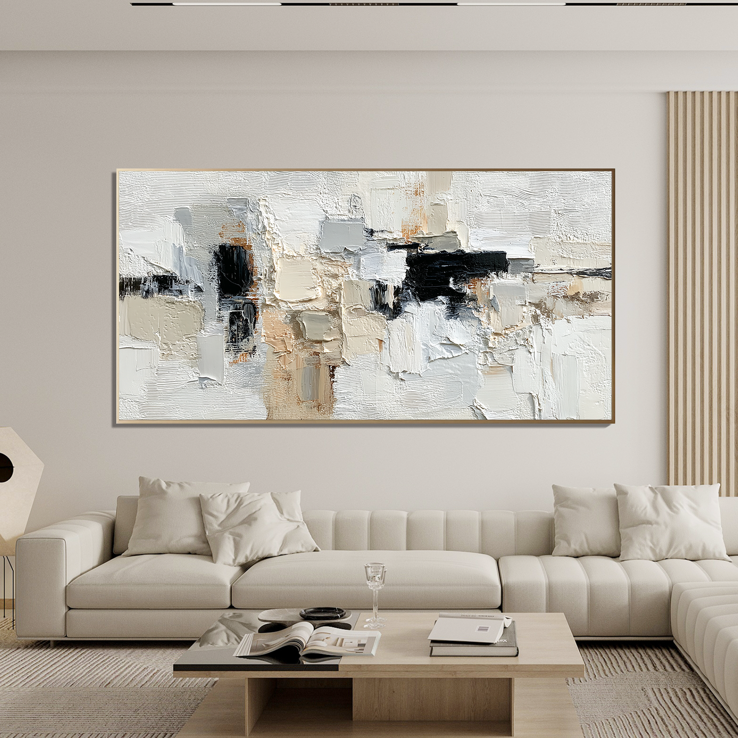 Large Neutral Abstract Canvas Wall Art – Textured Black White Beige Painting for Modern Living Room Decor#OA 0872