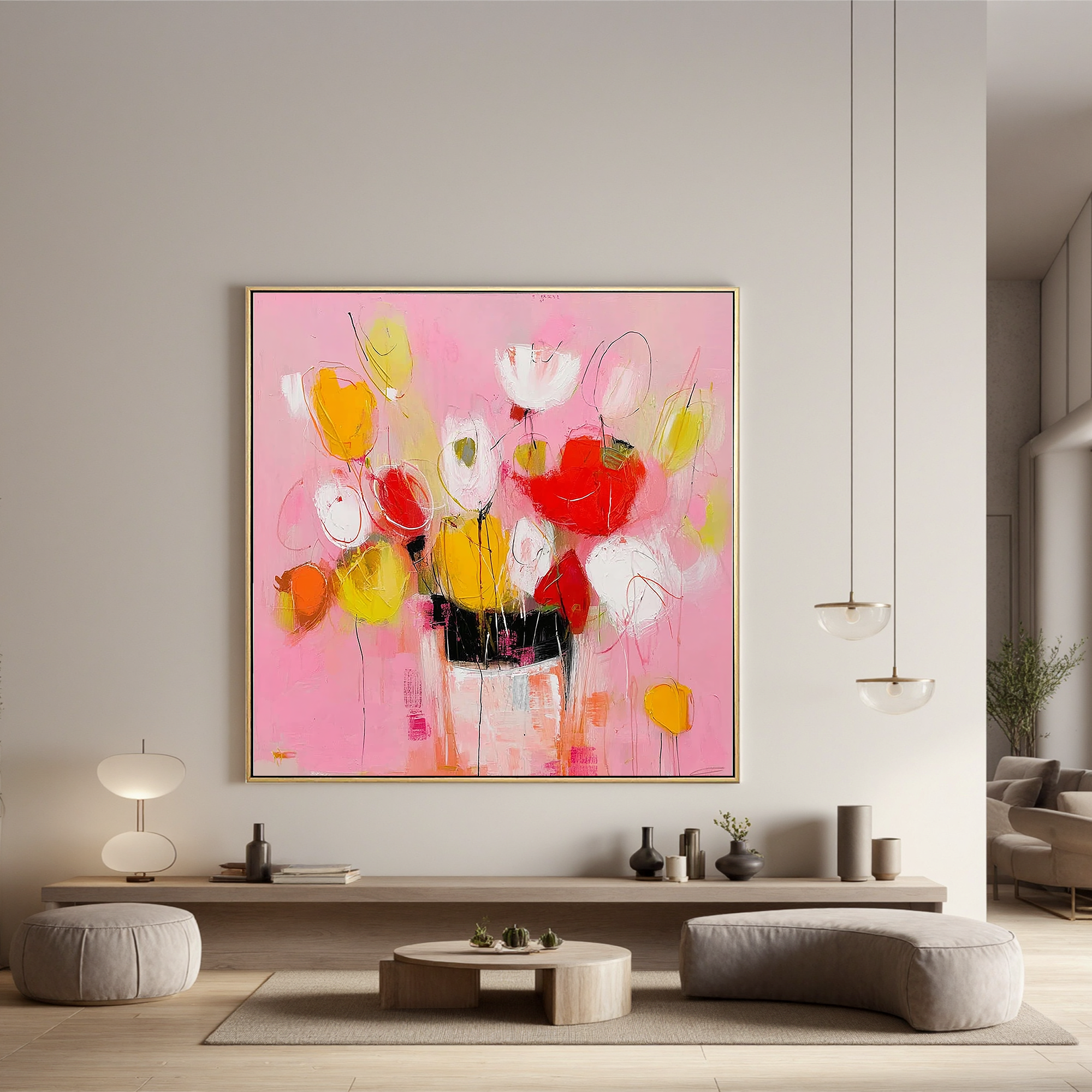 Pink Floral Oil Painting Canvas – Modern Abstract Flower Vase Wall Art for Living Room Home Decor#OA 0487