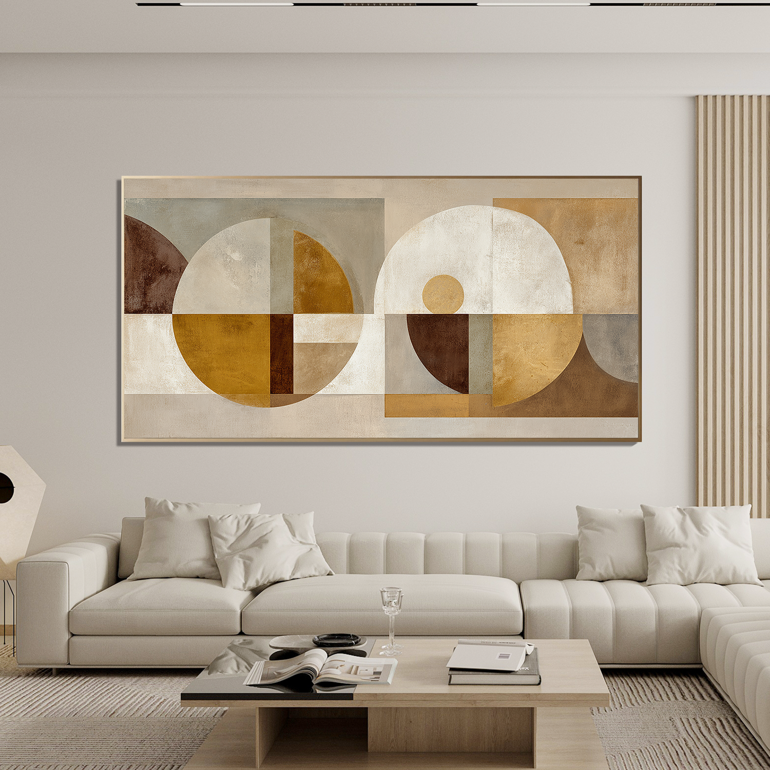 Modern Geometric Abstract Canvas Wall Art – Neutral Beige and Gold Mid Century Large Horizontal Painting for Living Room Decor#OA 0861
