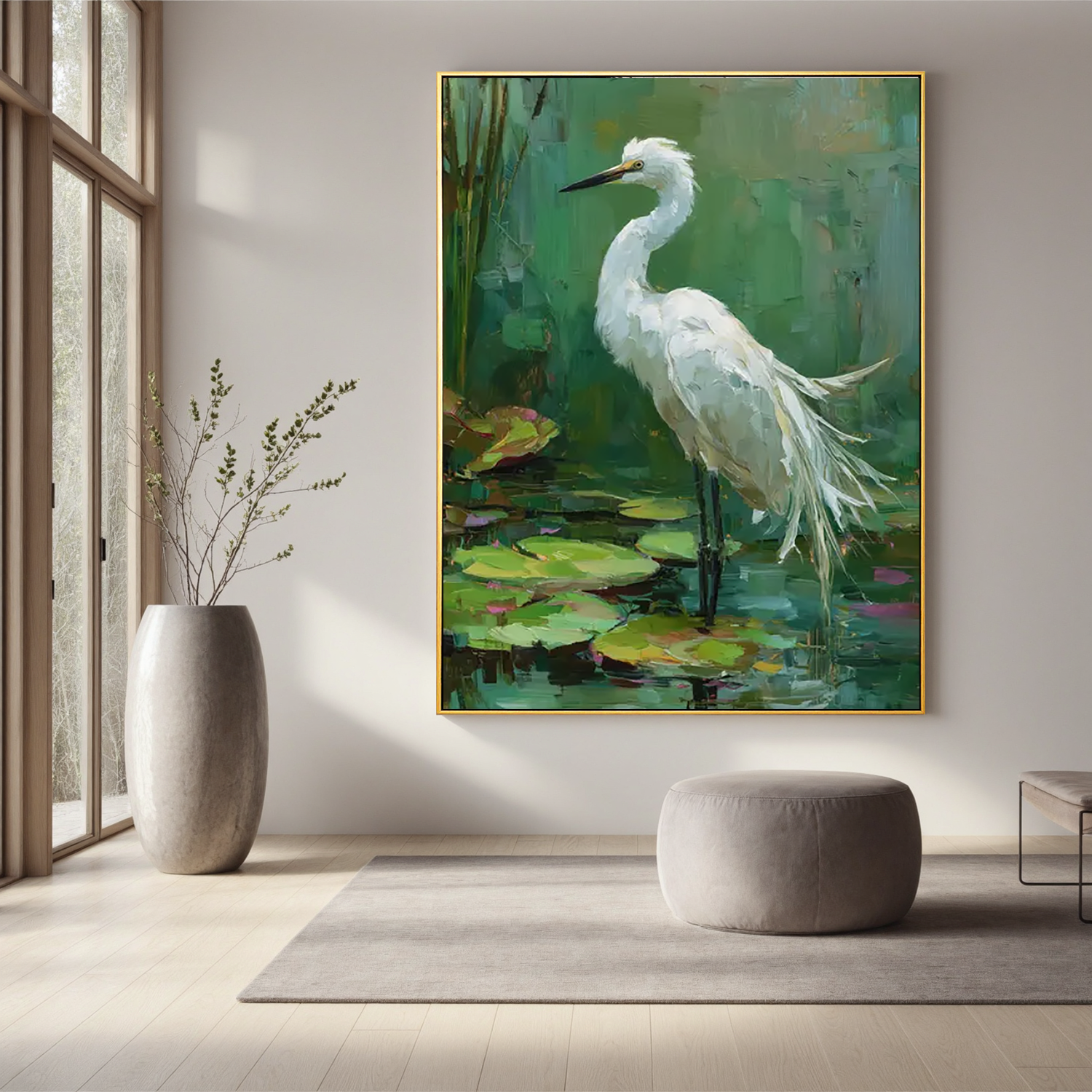 White Egret Bird Wall Art – Impressionist Nature Wildlife Canvas Painting for Living Room Decor