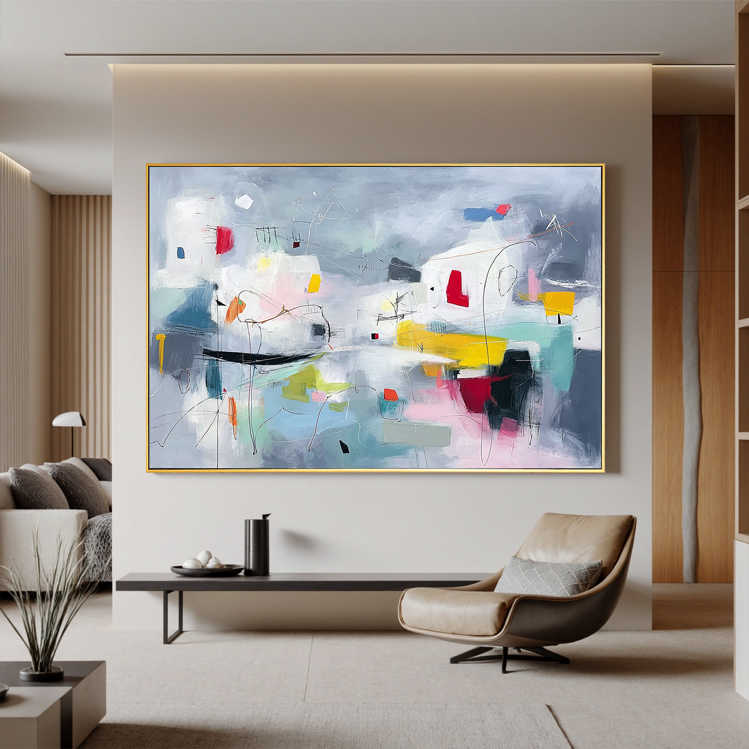 Abstract Grey Blue Oil Painting Canvas – Minimalist Modern Wall Art for Living Room Contemporary Home Decor#OA 0492