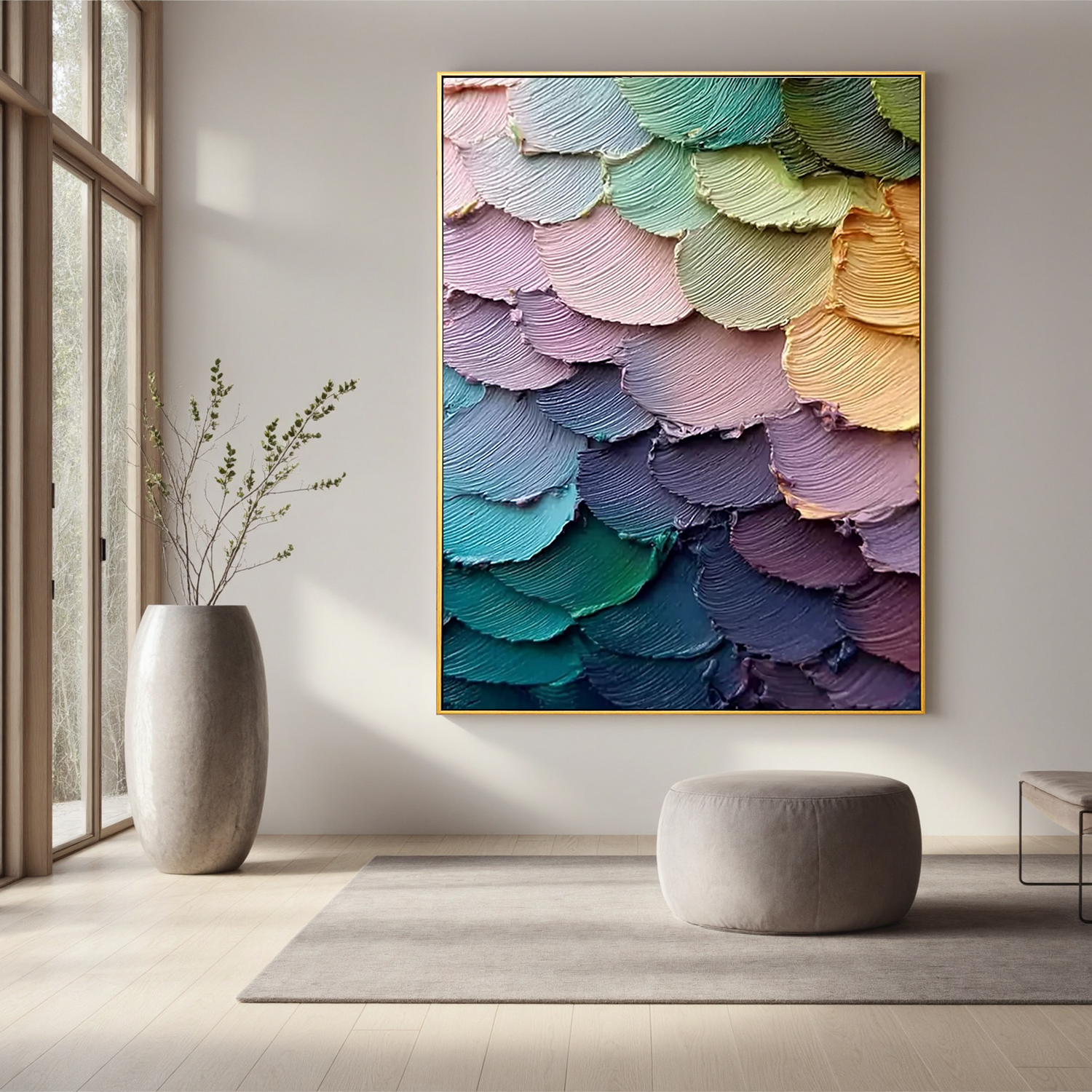 Textured Layered Abstract Oil Painting, Colorful Feather Wall Art for Living Room Decor#OA 0590