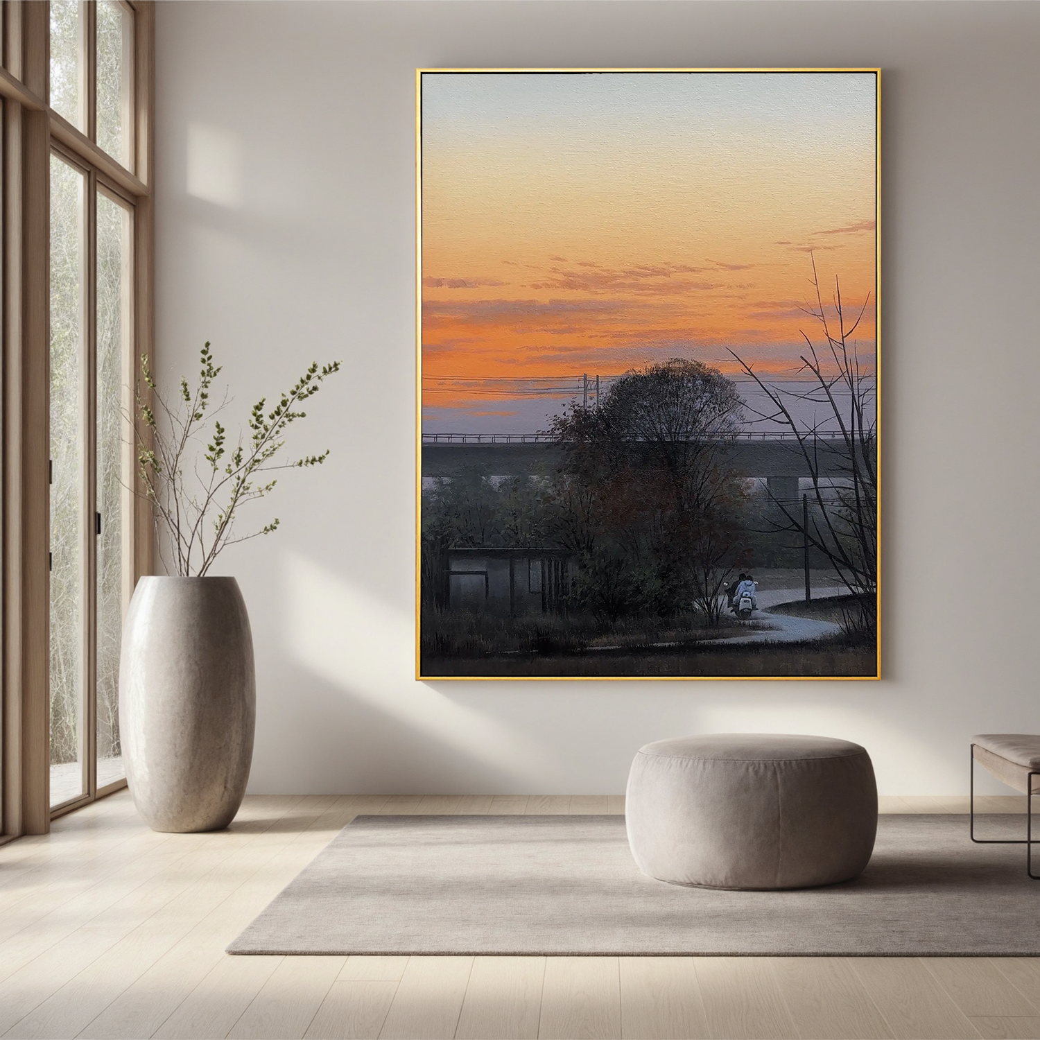 Countryside Sunset Landscape Wall Art with Bridge and Figure, Serene Nature Canvas Painting for Living Room Decor #OA 0757