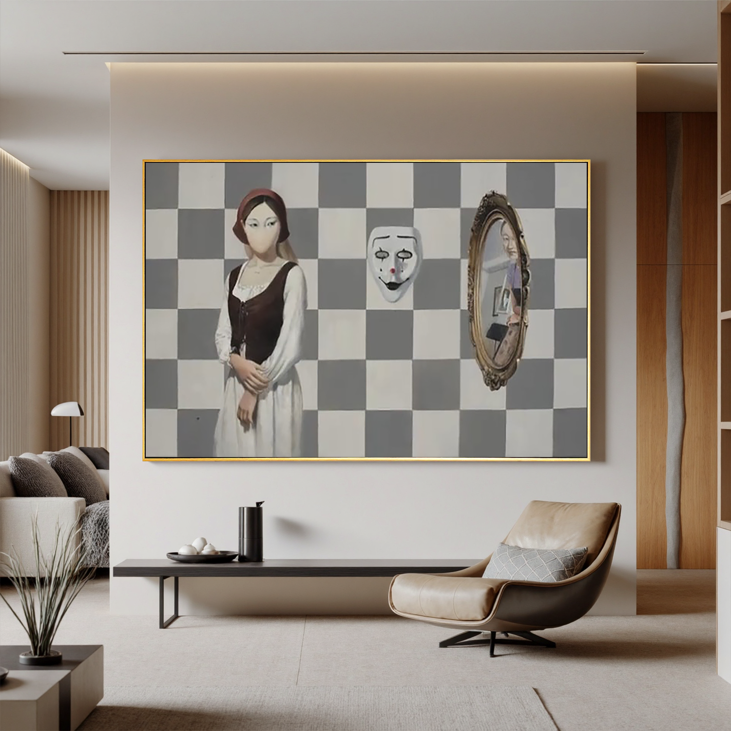 Girl, Mask and Mirror-Surreal Girl Mask Mirror Wall Art