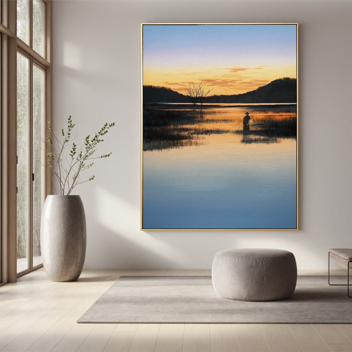 Serene Sunset Lake Wall Art with Solitary Figure, Peaceful Reflection Landscape Canvas for Living Room Decor #OA 0750