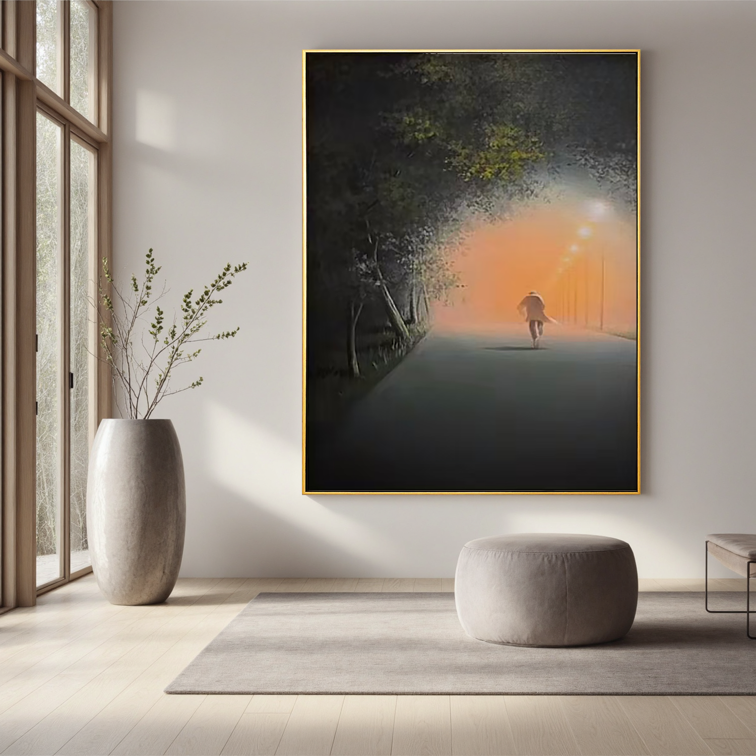 Moody Foggy Street Wall Art, Solitary Figure Walking Under Streetlights Canvas Painting for Modern Home Decor #OA 0767