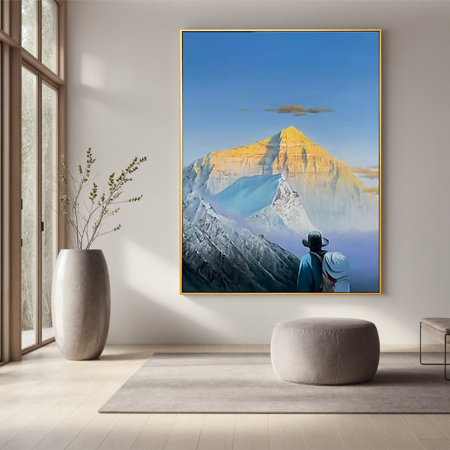 Golden Sunrise Snow Mountain Wall Art, Majestic Alpine Landscape Canvas Painting with Explorer for Living Room Decor #OA 0770