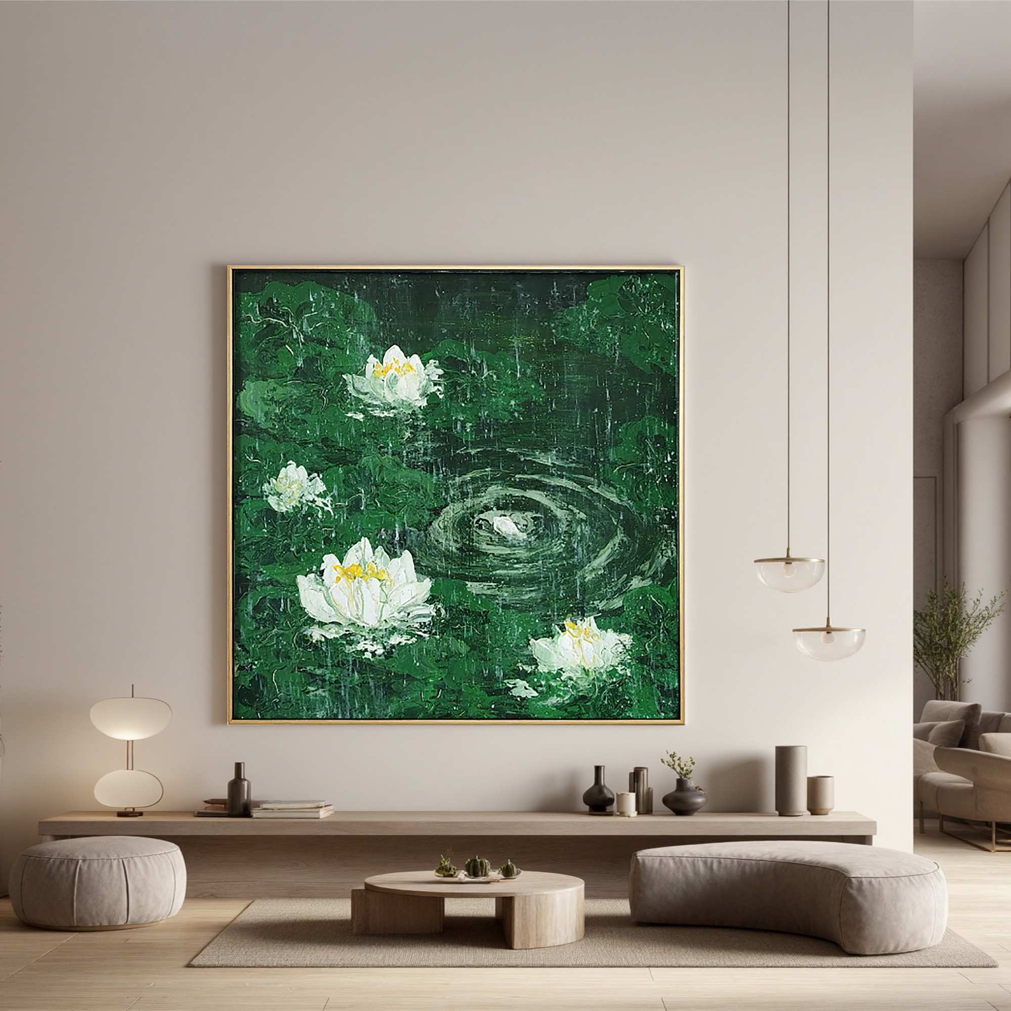 White Lotus Oil Painting, Green Rain Pond Floral Wall Art for Living Room Decor#OA 0606