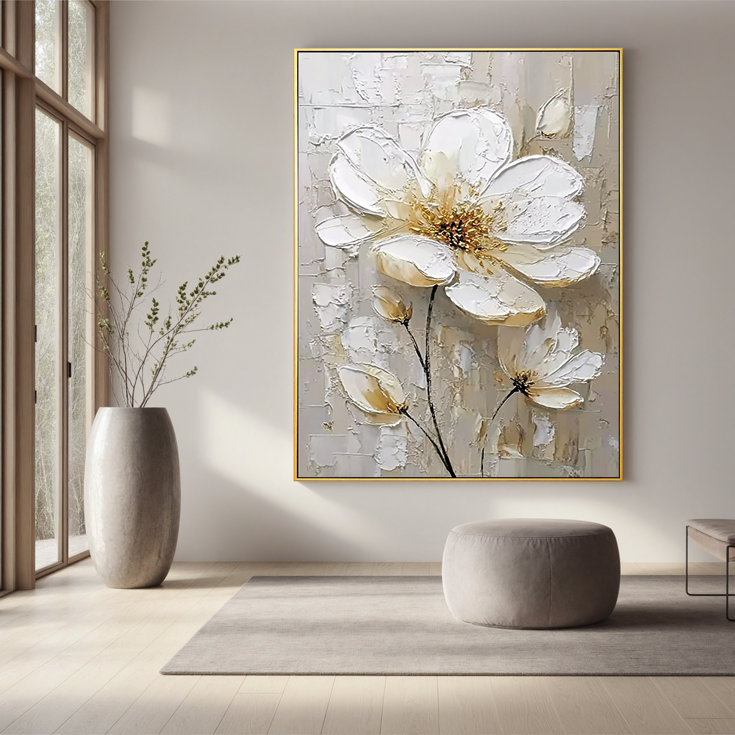 White Floral Oil Painting, Textured Gold Flower Wall Art for Living Room Decor#OA 0584