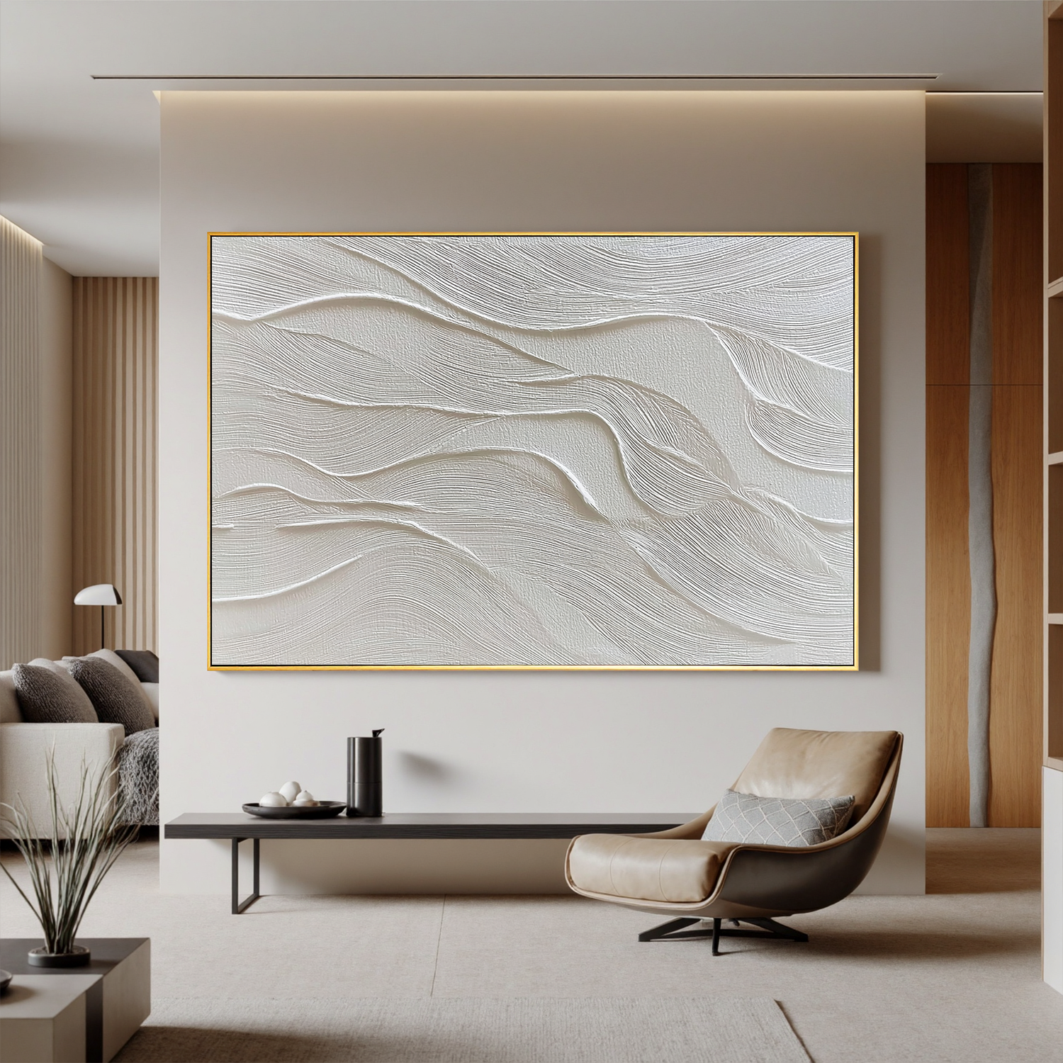 White Textured Abstract Wall Art, Minimal Wavy Lines Canvas Painting for Modern Living Room Décor #OA 0413