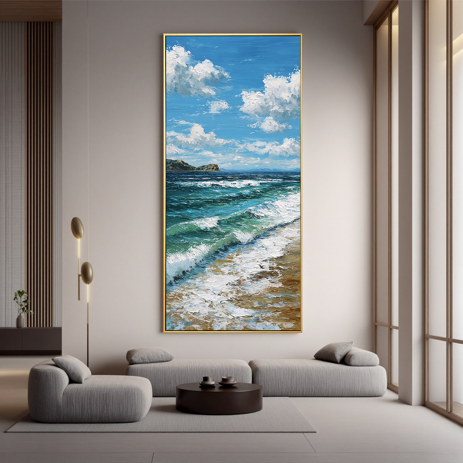 Vertical Coastal Ocean Wall Art – Blue Sea Waves and Sky Canvas Painting for Modern Home Decor#OA 0833