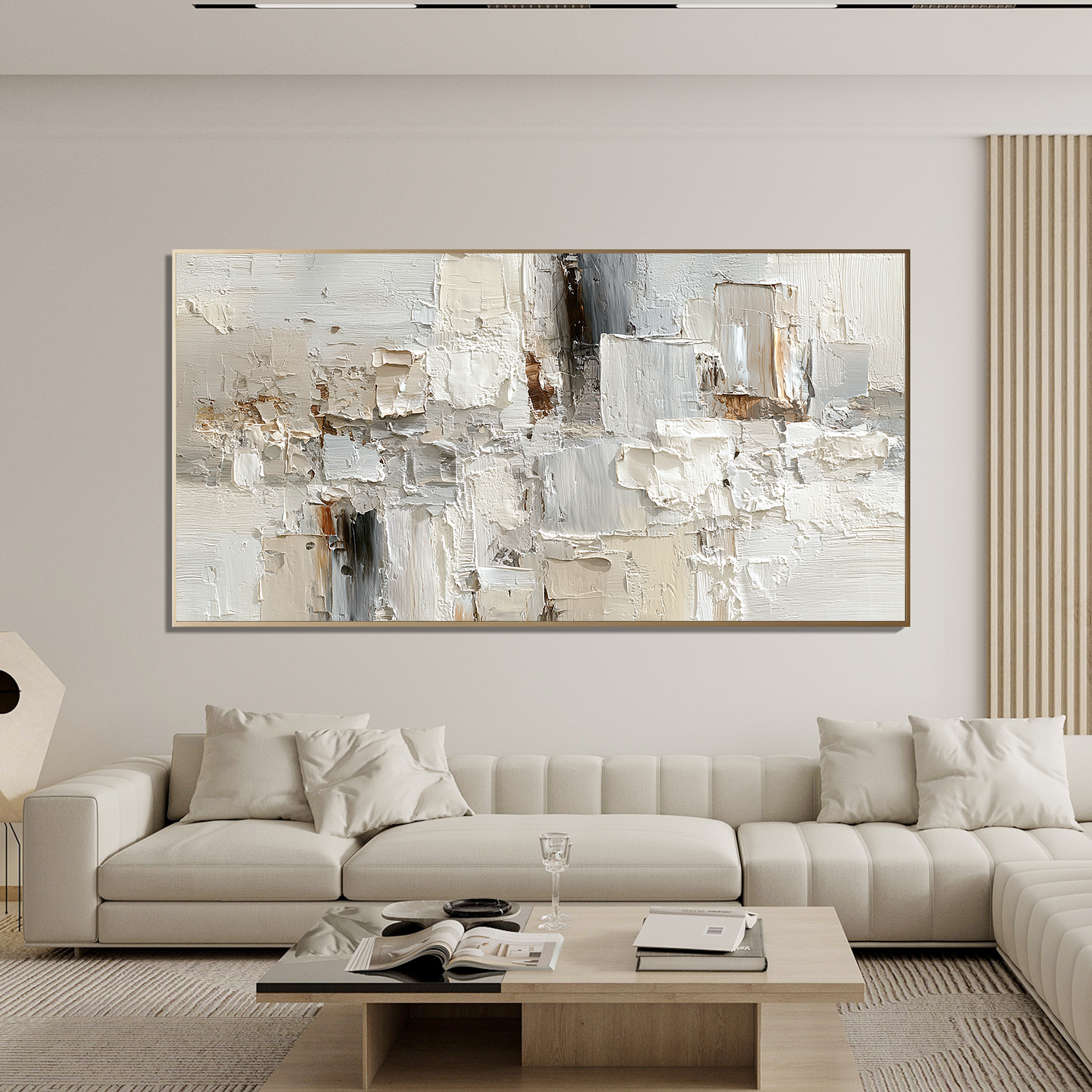 Large Neutral Textured Abstract Canvas Wall Art – Horizontal Impasto Painting in Cream White for Modern Living Room Decor#OA 0880