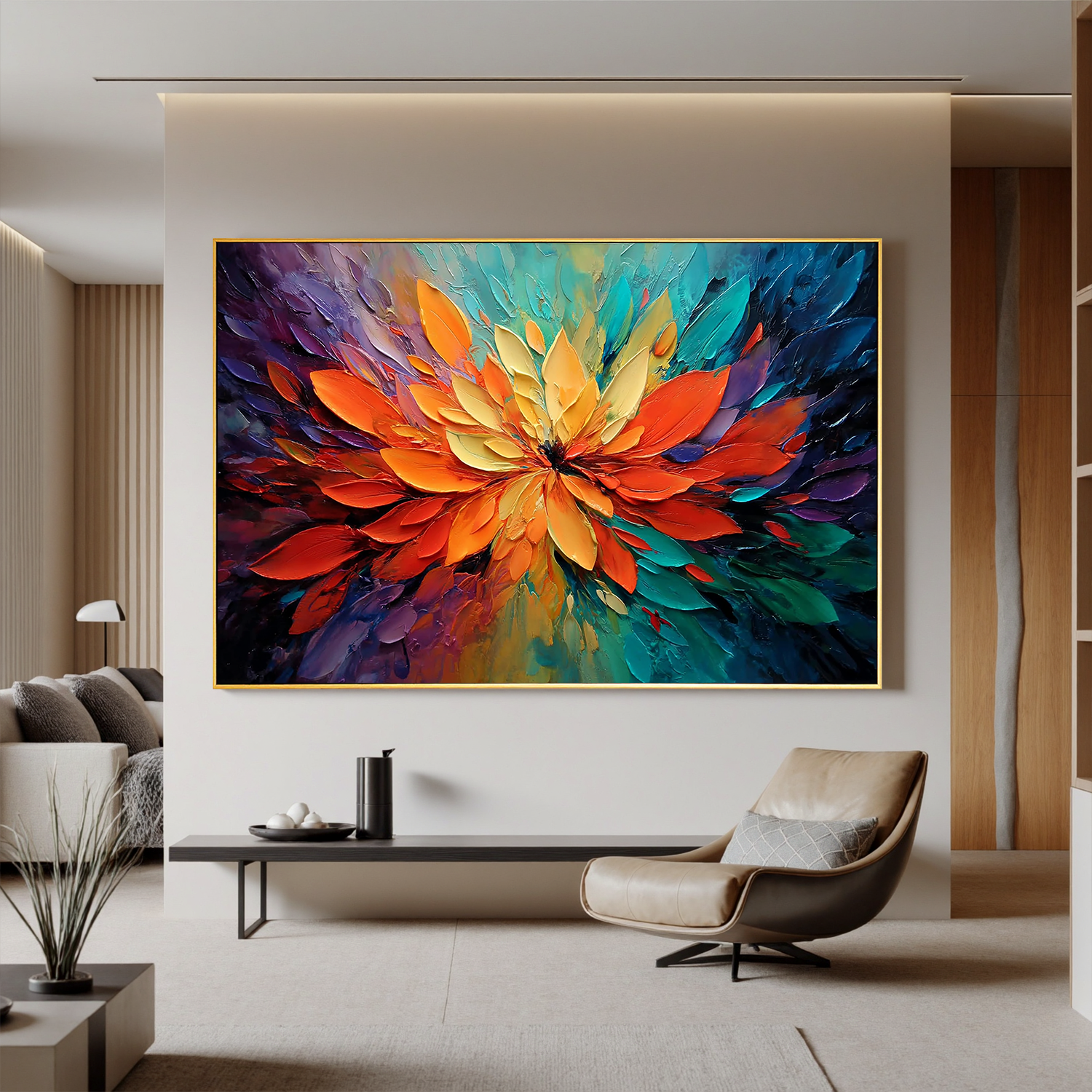 Abstract Floral Oil Painting Canvas – Vibrant Orange Flower Wall Art for Living Room Modern Home Decor #OA 0478