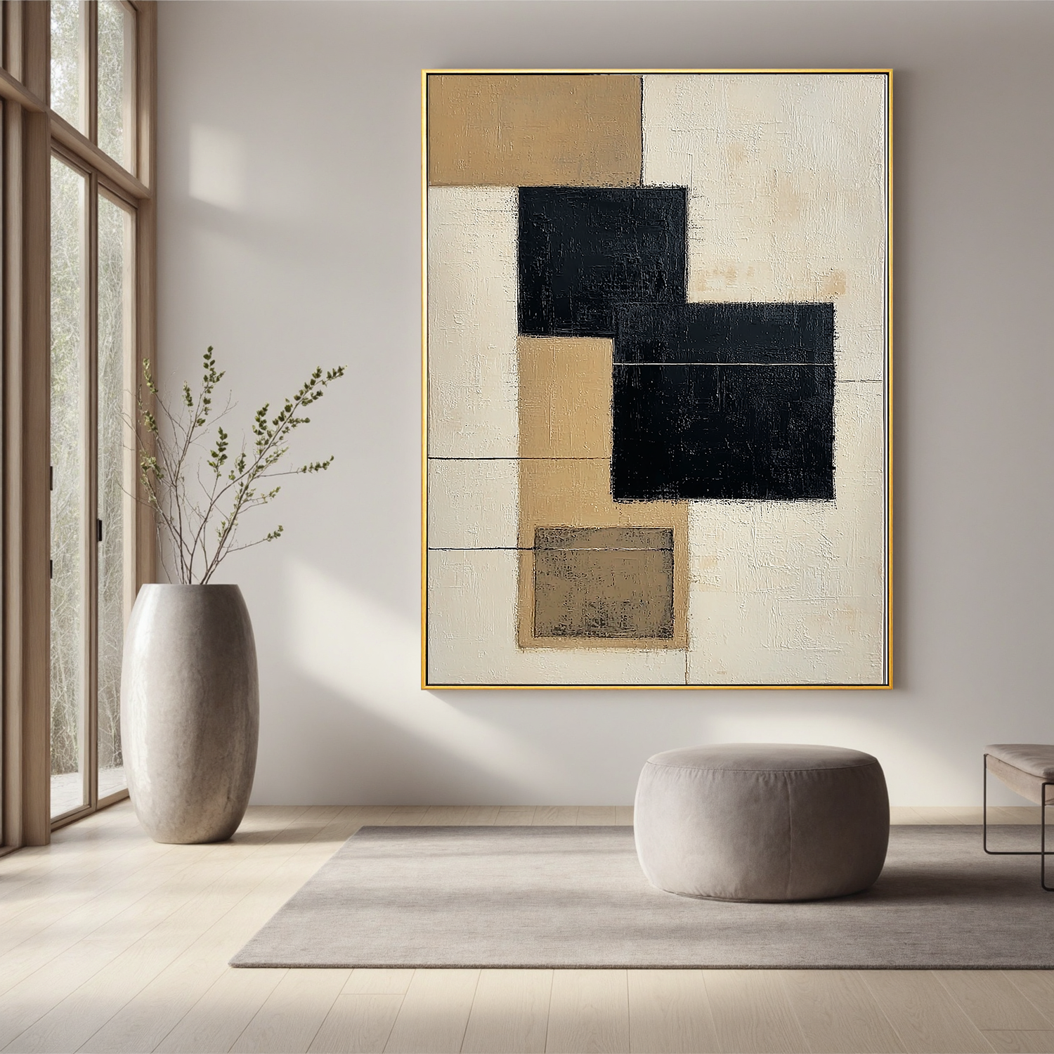 Black and Beige Abstract Oil Painting, Minimalist Geometric Wall Art for Living Room Decor#OA 0570