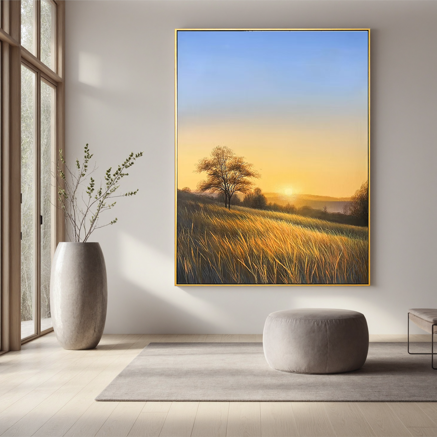 Golden Sunrise Meadow Wall Art, Countryside Landscape Canvas Painting with Lone Tree for Living Room Decor #OA 0779