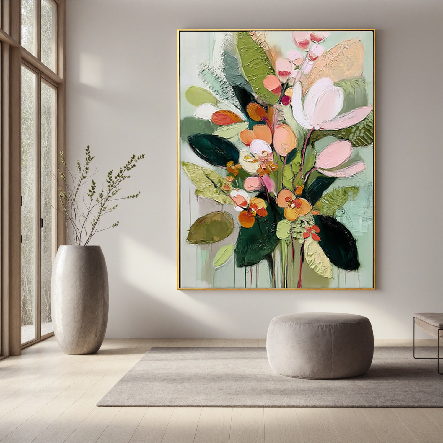 Pastel Floral Bouquet Oil Painting, Green Botanical Wall Art for Living Room Decor#OA 0511
