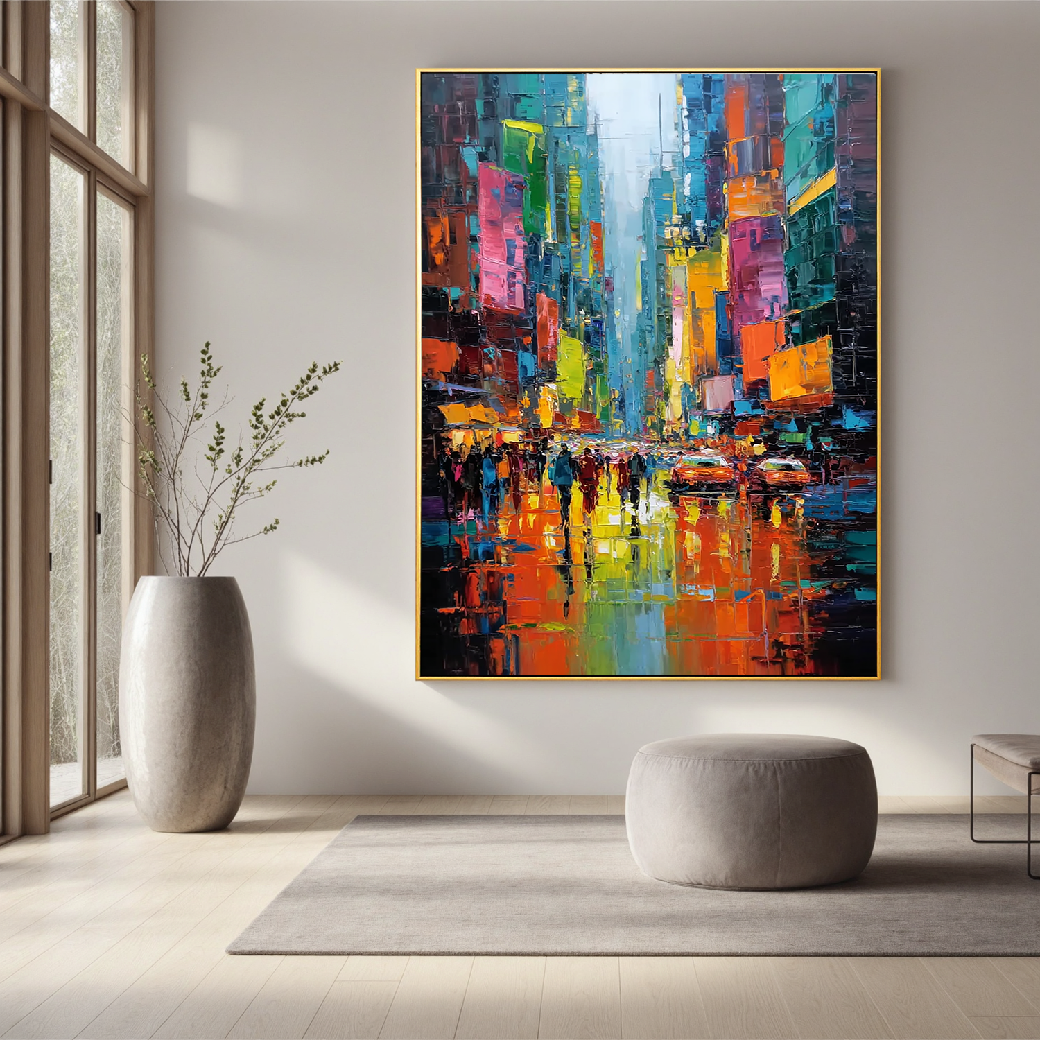 Colorful City Street Oil Painting, Abstract Urban Wall Art for Living Room Decor#OA 0533
