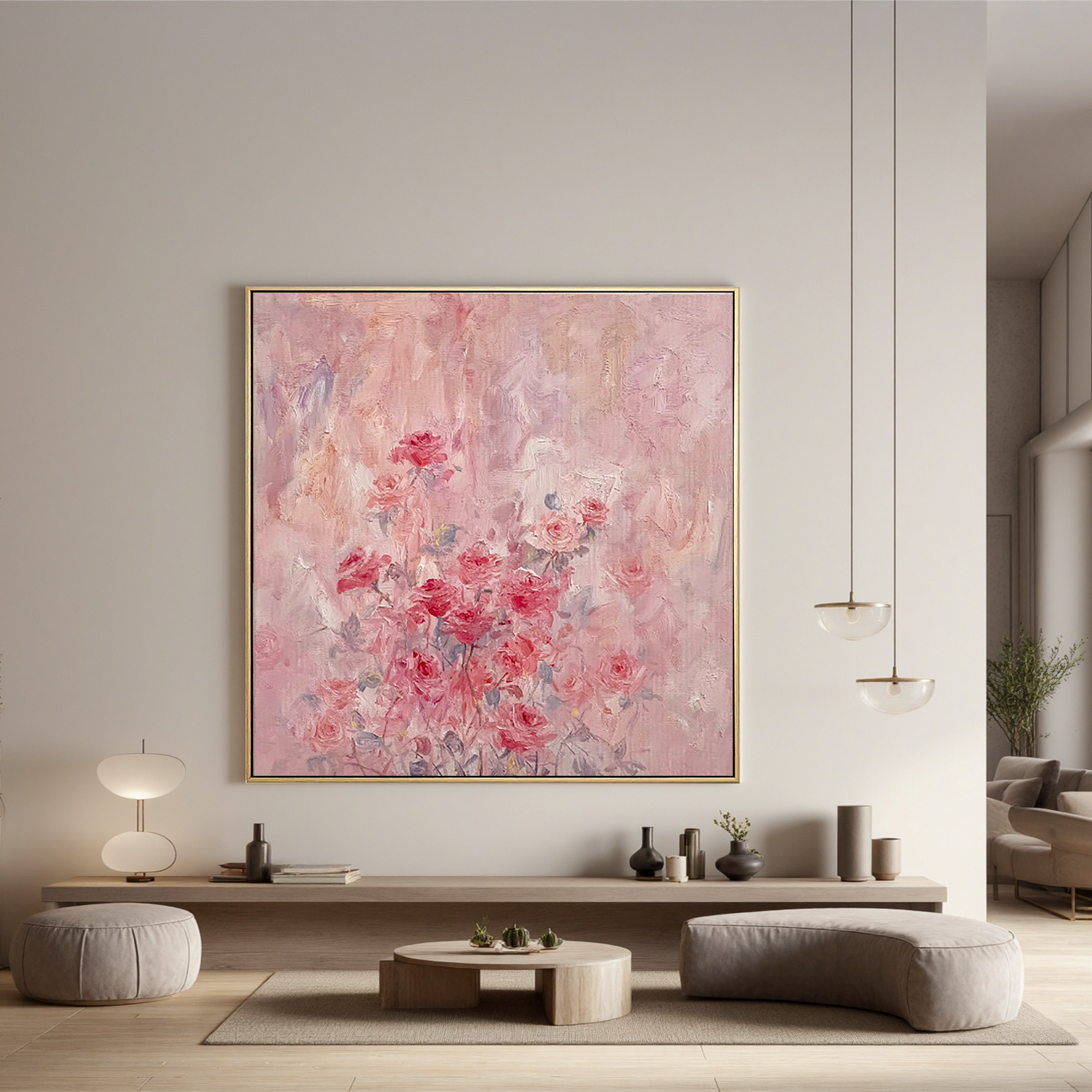 Pink Rose Oil Painting, Soft Romantic Floral Wall Art for Bedroom Decor#OA 0607