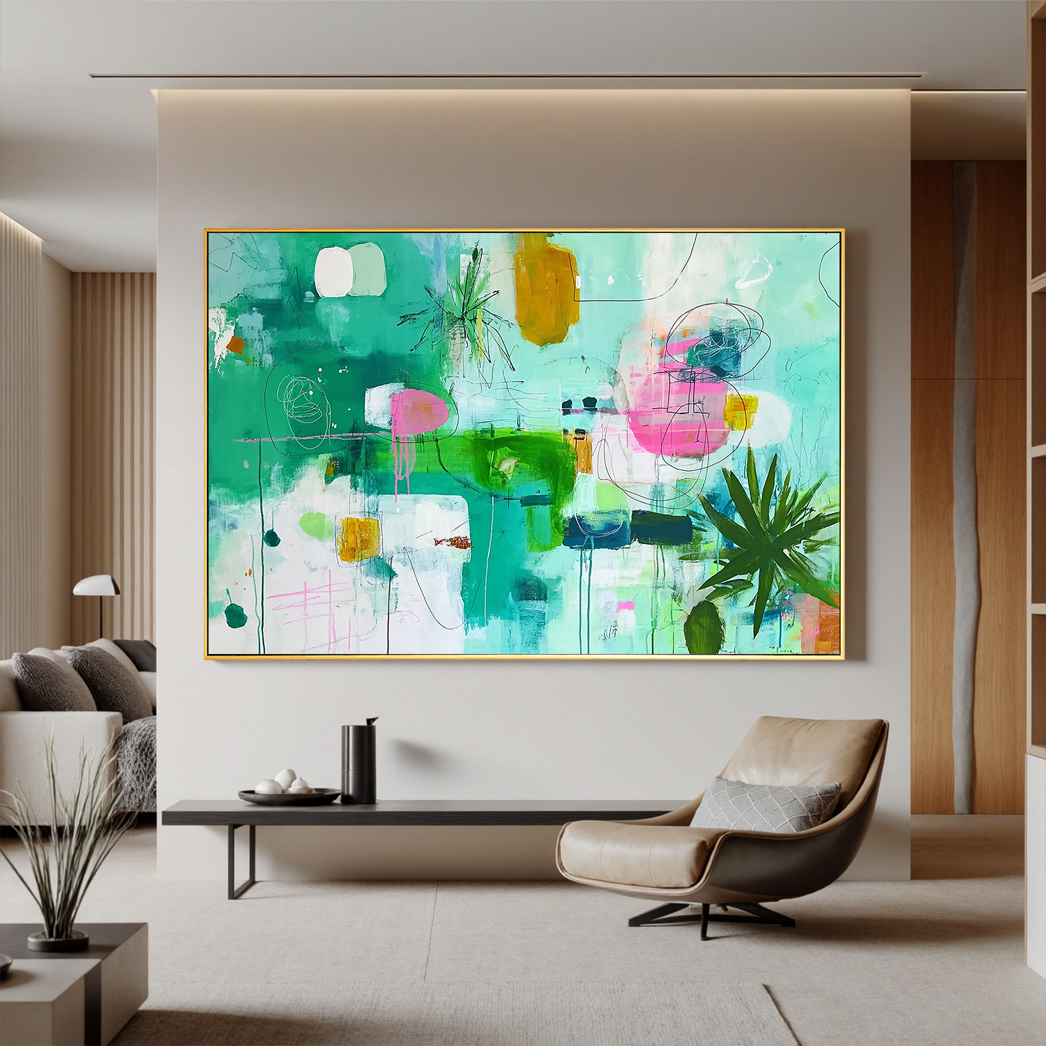 Green Abstract Oil Painting, Modern Botanical Wall Art for Living Room Decor #OA 0505