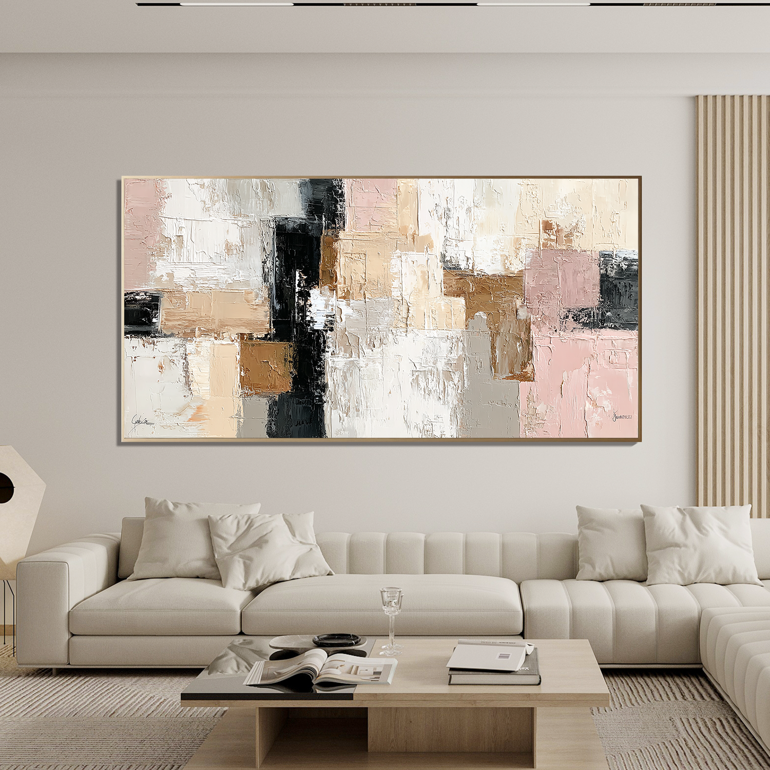 Large Neutral Abstract Canvas Wall Art – Textured Beige Blush Pink Painting for Modern Living Room Decor#OA 0873