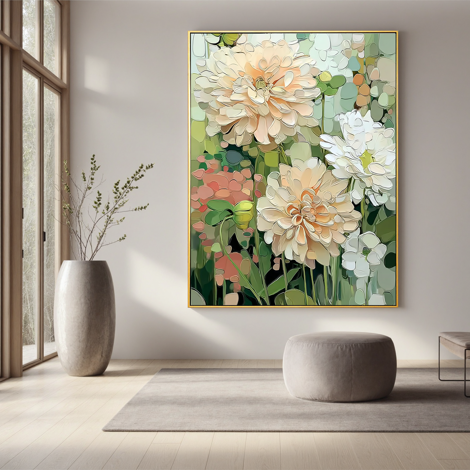 Soft Floral Oil Painting, Neutral Garden Flower Wall Art for Living Room Decor#OA 0523