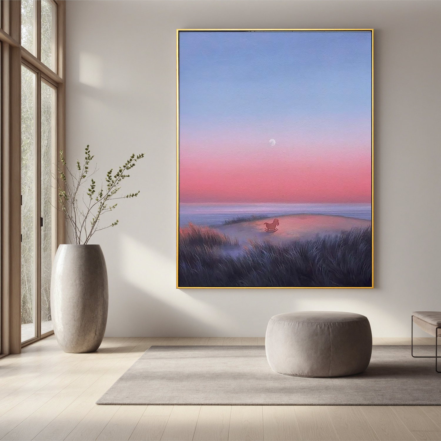 Dreamy Coastal Sunset Wall Art with Rocking Horse, Pastel Pink and Blue Seascape Canvas for Nursery or Living Room Decor #OA 0733