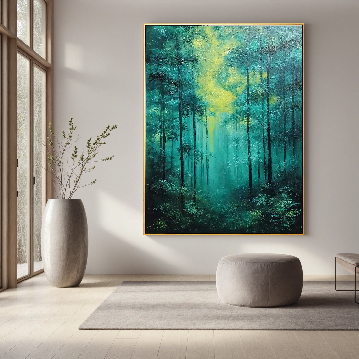 Misty Forest Oil Painting, Green Woodland Landscape Wall Art for Living Room Decor#OA 0592