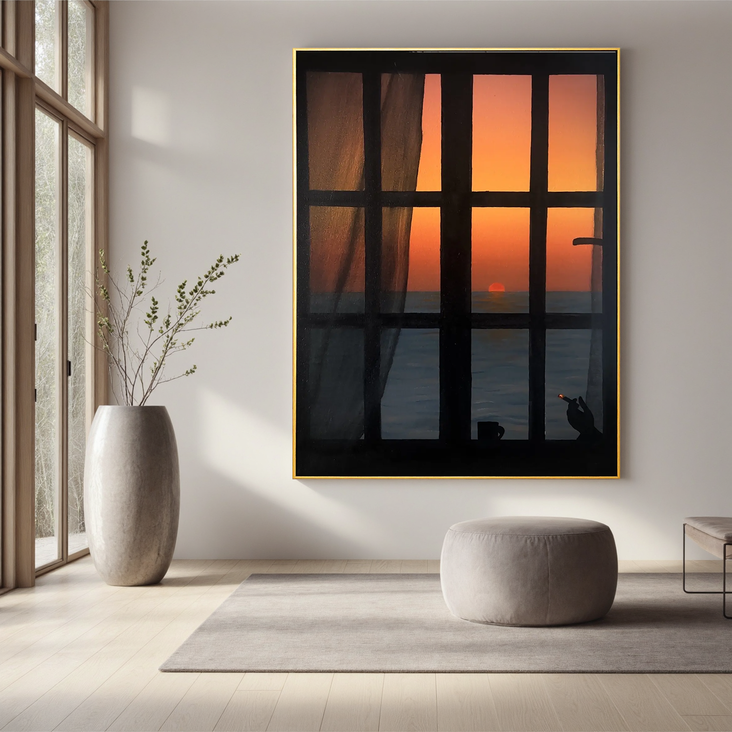 Ocean Sunset Window View Wall Art, Silhouette Interior Scene Canvas, Romantic Seascape Painting for Living Room Decor #OA 0756