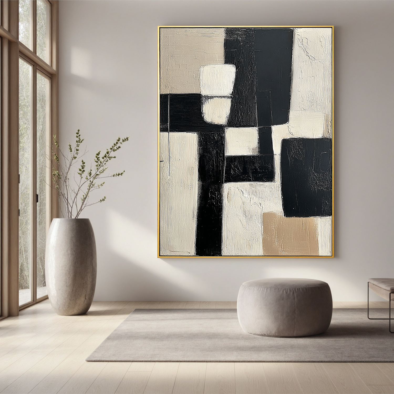 Black and White Abstract Oil Painting, Minimalist Geometric Wall Art for Living Room Decor#OA 0553